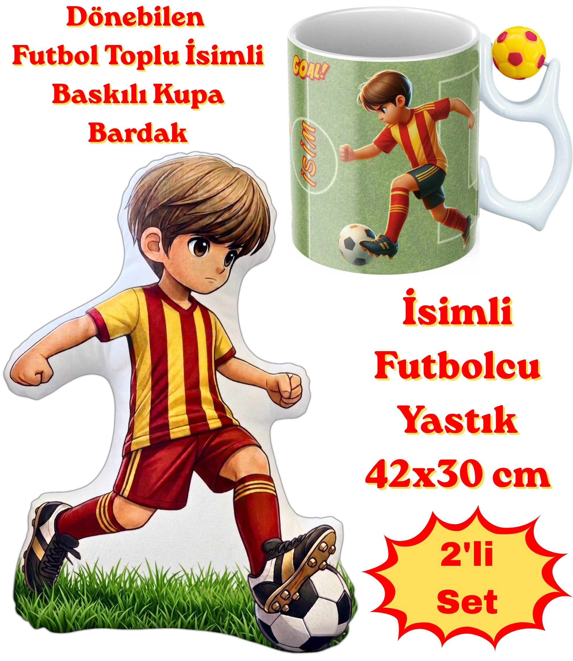 Sarı Kırmızı Futbol Kupa Taraftar Yastık Kombin Taraftar Uyku Arkadaşı İkili Set Hediye