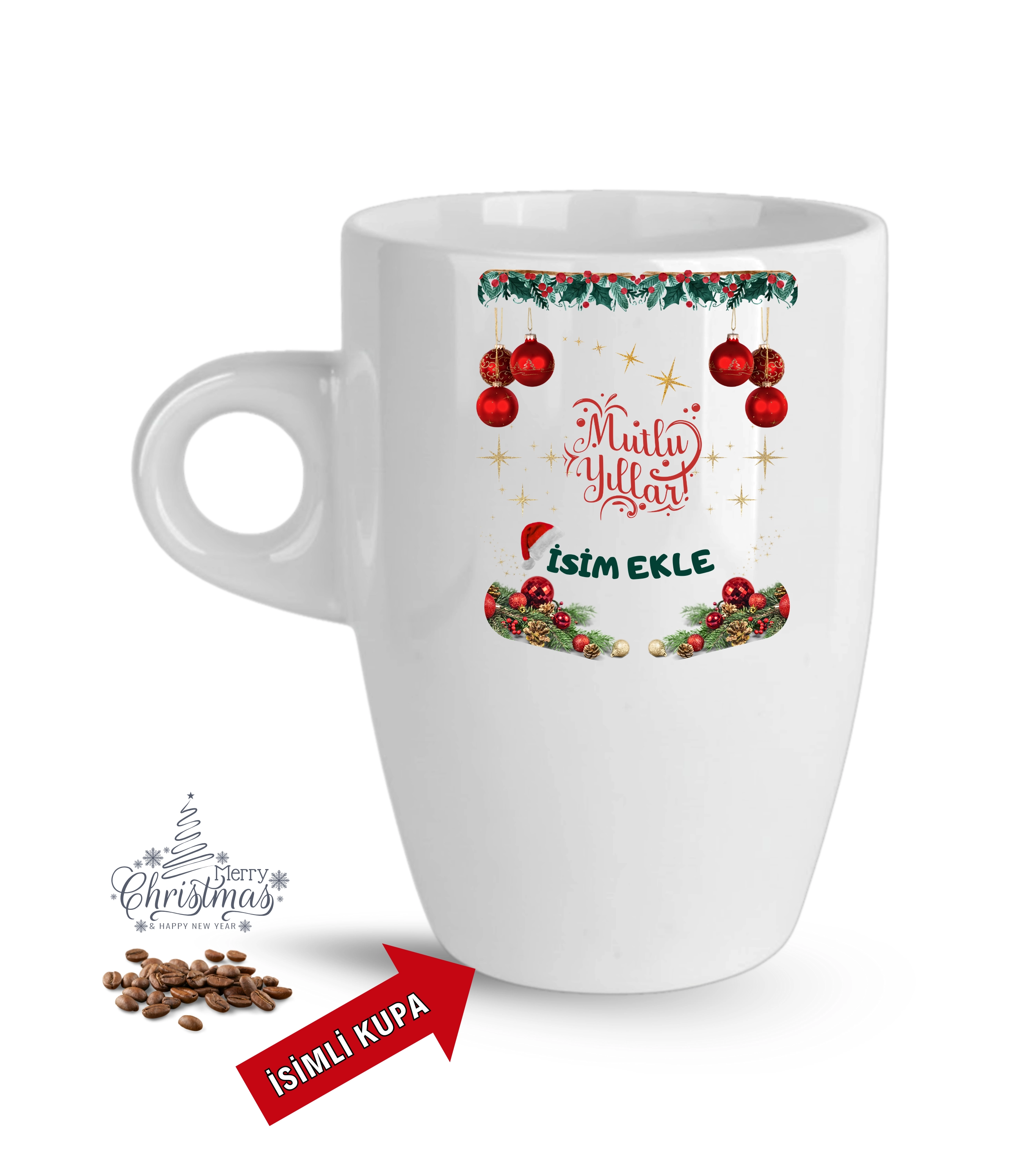 Yılbaşı Hediyesi Mutlu Yıllar Christmas İsimli Baskılı Porselen Latte Kupa Bardak Beyaz