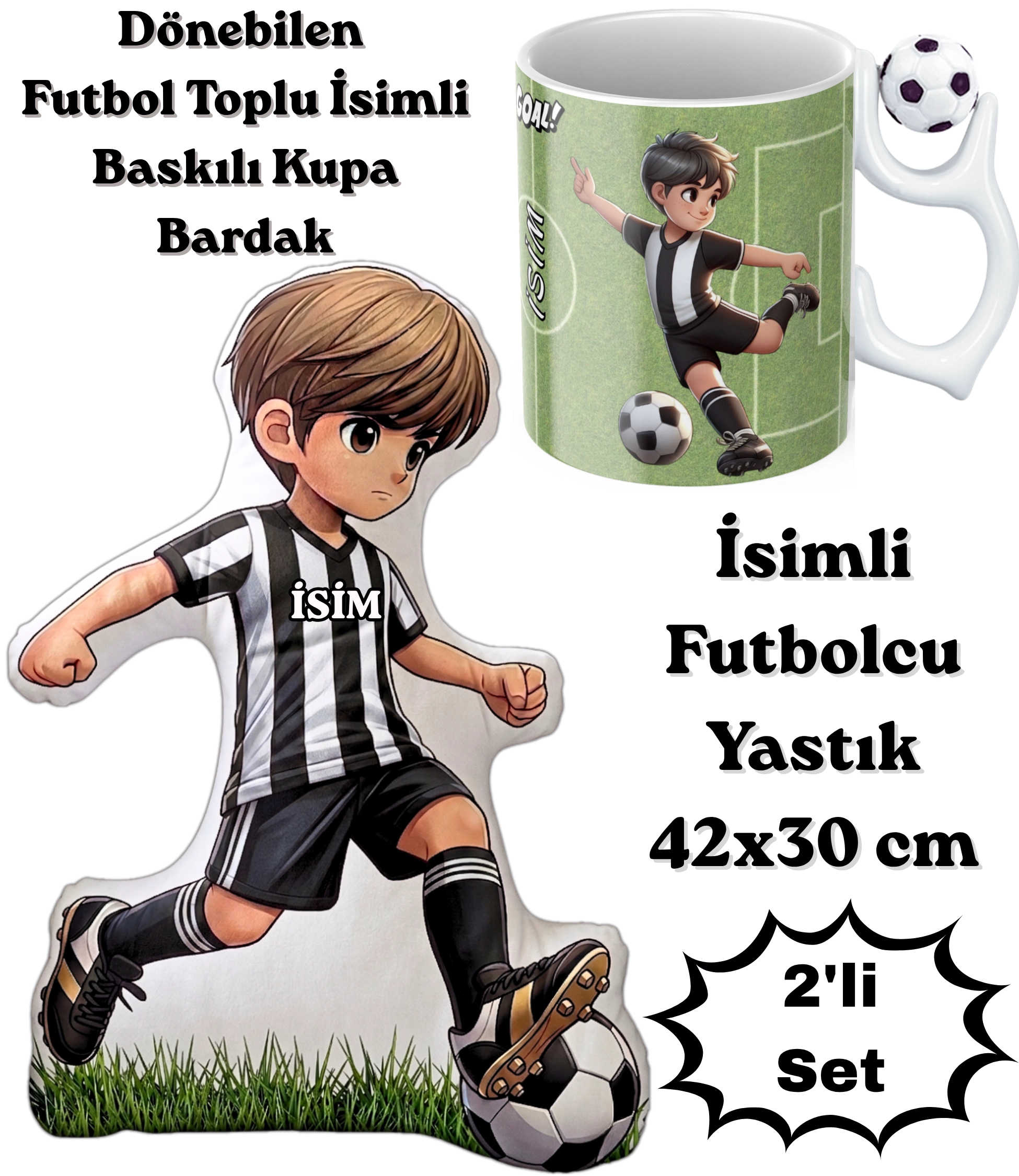 Siyah Beyaz Futbol Kupa Taraftar Yastık Kombin Taraftar Uyku Arkadaşı İkili Set Hediye