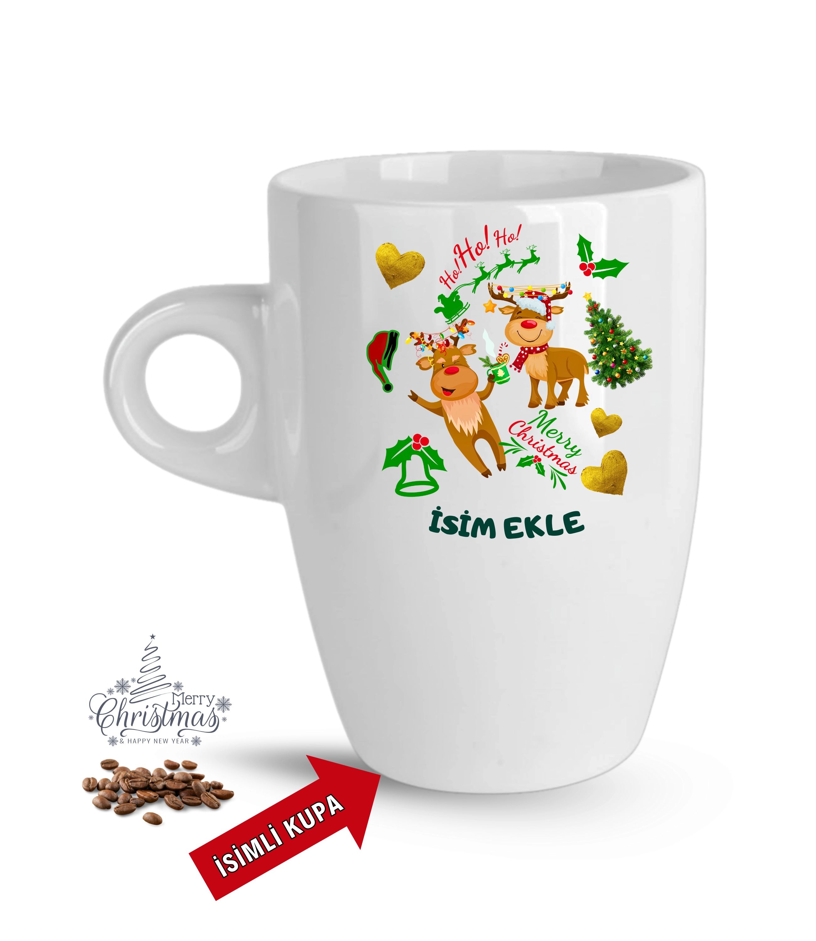 Yılbaşı Hediyesi Noel Kurabiyeleri İsimli Baskılı Porselen Latte Kupa Bardak Beyaz