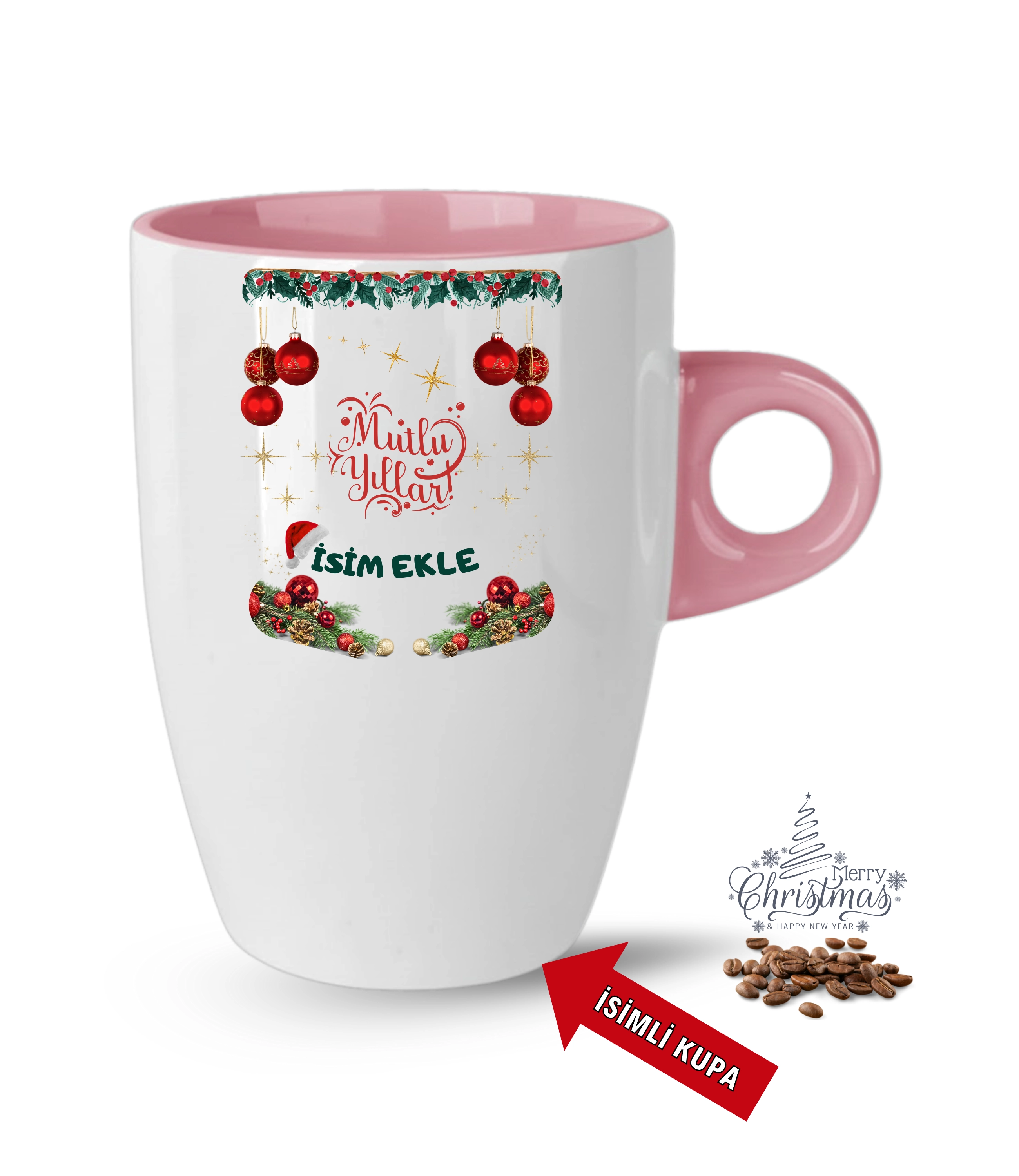 Yılbaşı Hediyesi Mutlu Yıllar Christmas İsimli Baskılı Porselen Latte Kupa Bardak Pembe