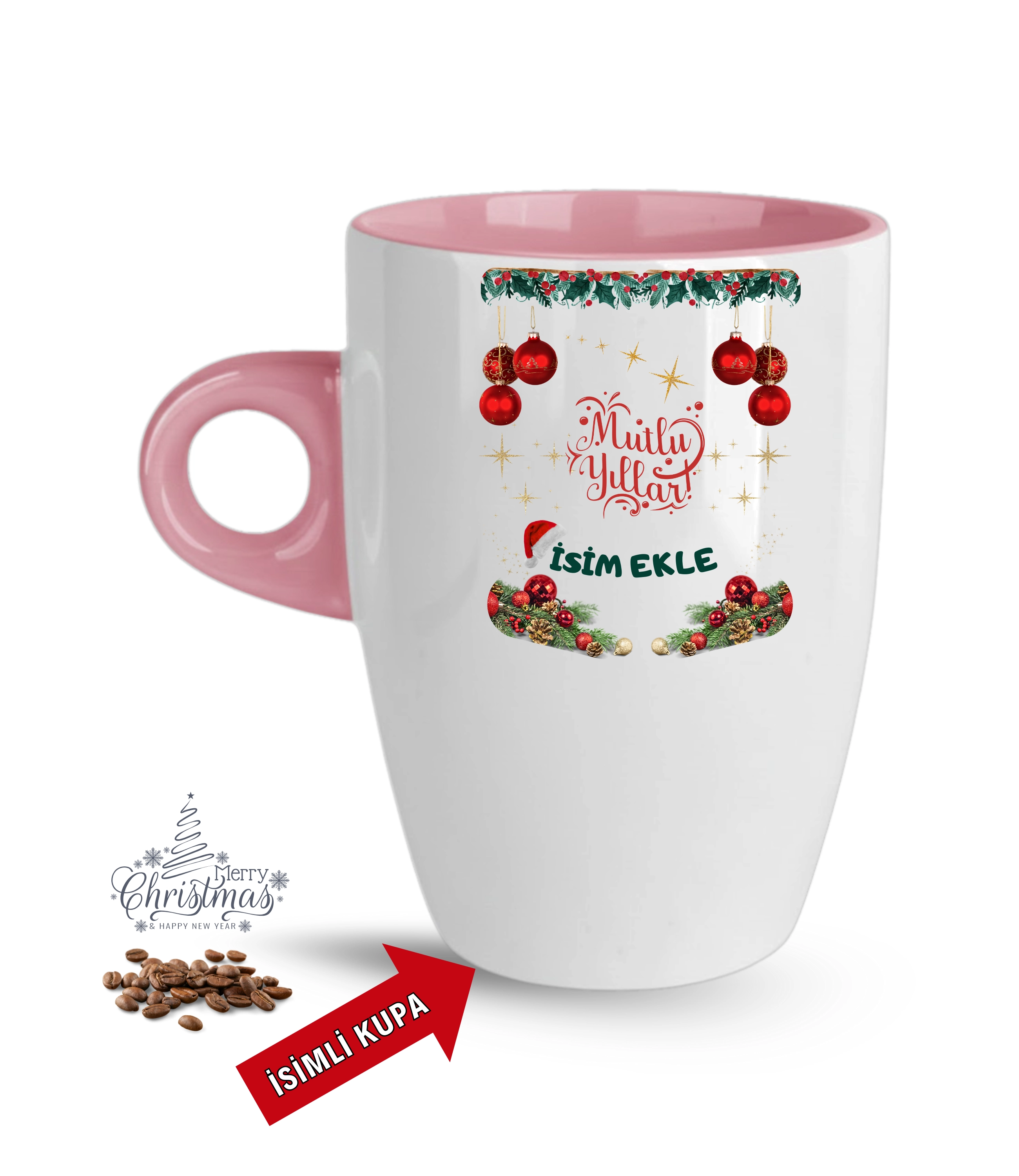 Yılbaşı Hediyesi Mutlu Yıllar Christmas İsimli Baskılı Porselen Latte Kupa Bardak Pembe
