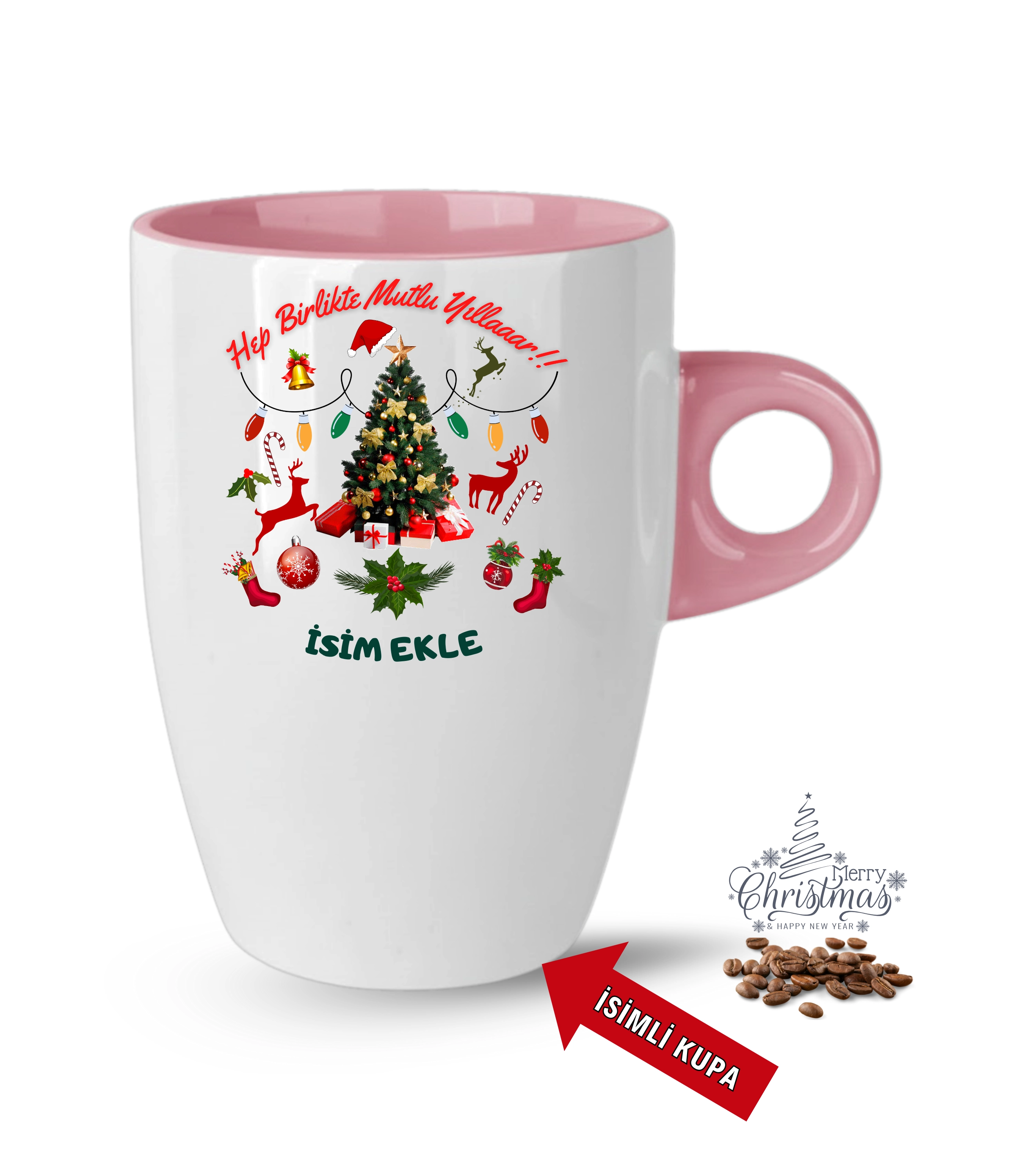 Yılbaşı Hediyesi Mutlu Yıllar Çam Ağacı İsimli Baskılı Porselen Latte Kupa Bardak Pembe