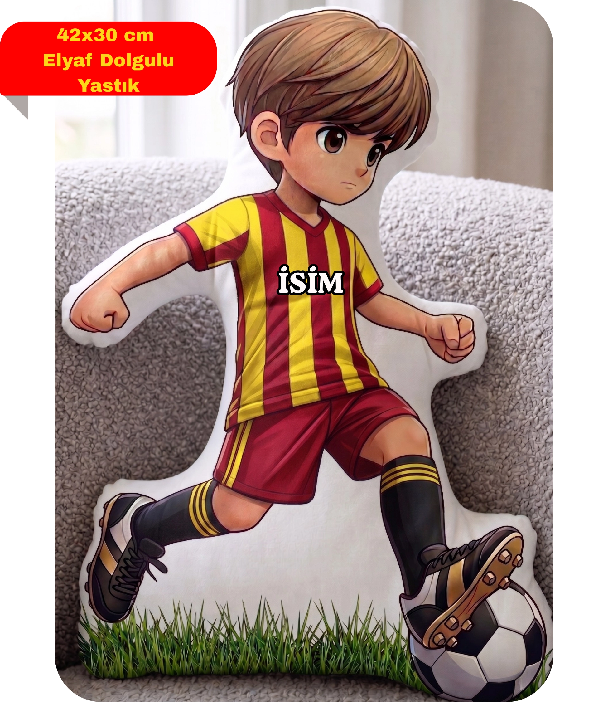 Taraftar Yastık Sarı Kırmızı Formalı Futbolcu Figür İsimli Yastık Çift Yön Baskılı Yastık 42x30cm