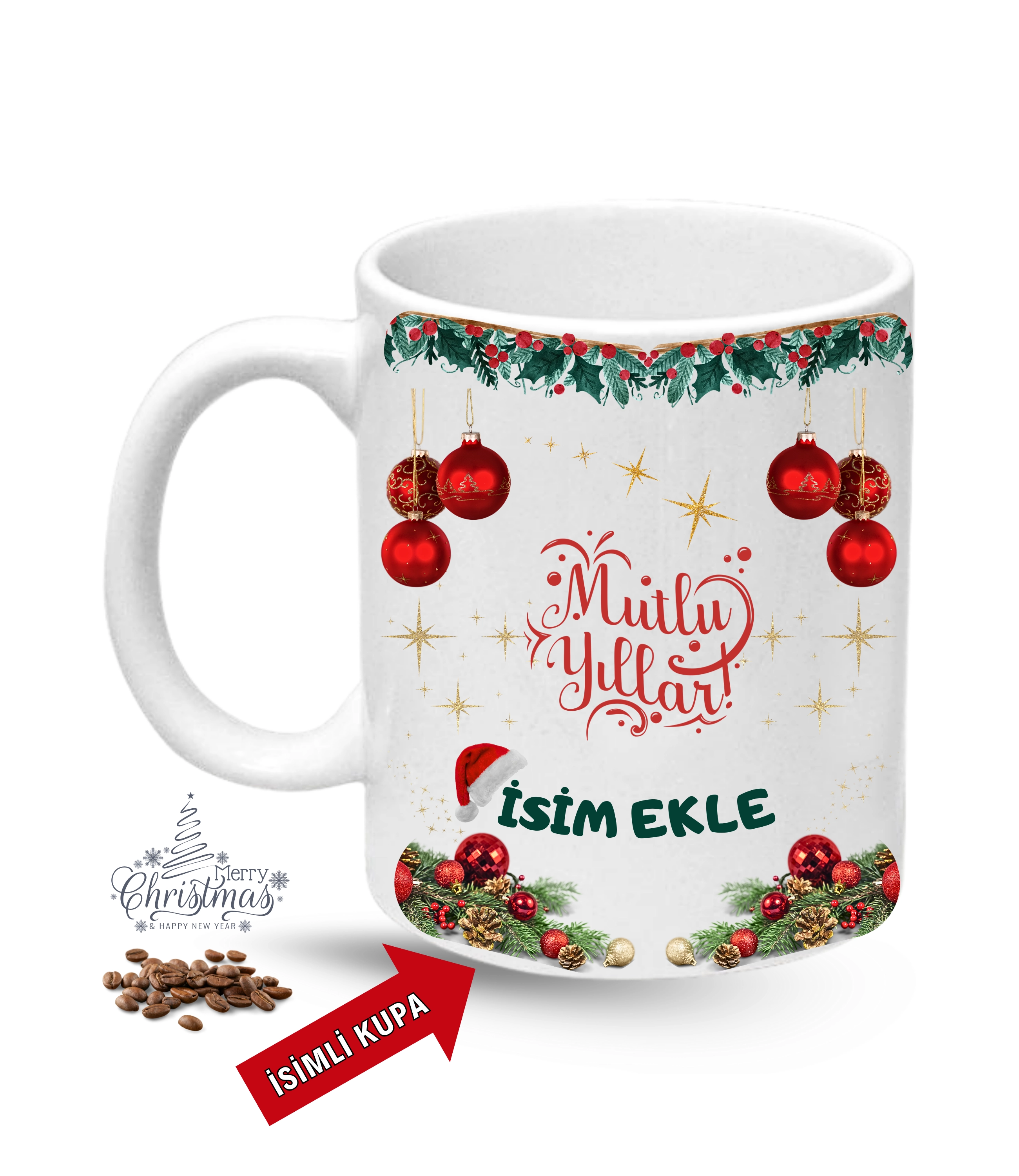 Yılbaşı Hediyesi Mutlu Yıllar Christmas İsimli Baskılı Porselen Kupa Bardak