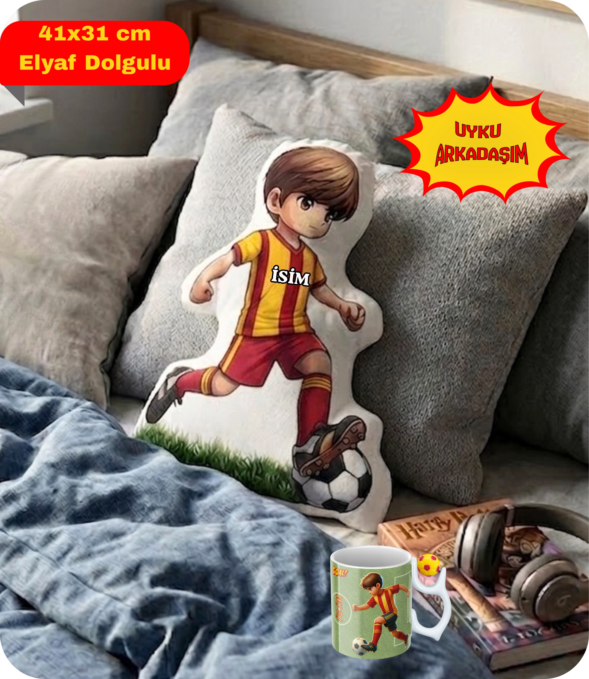 Sarı Kırmızı Futbol Kupa Taraftar Yastık Kombin Taraftar Uyku Arkadaşı İkili Set Hediye