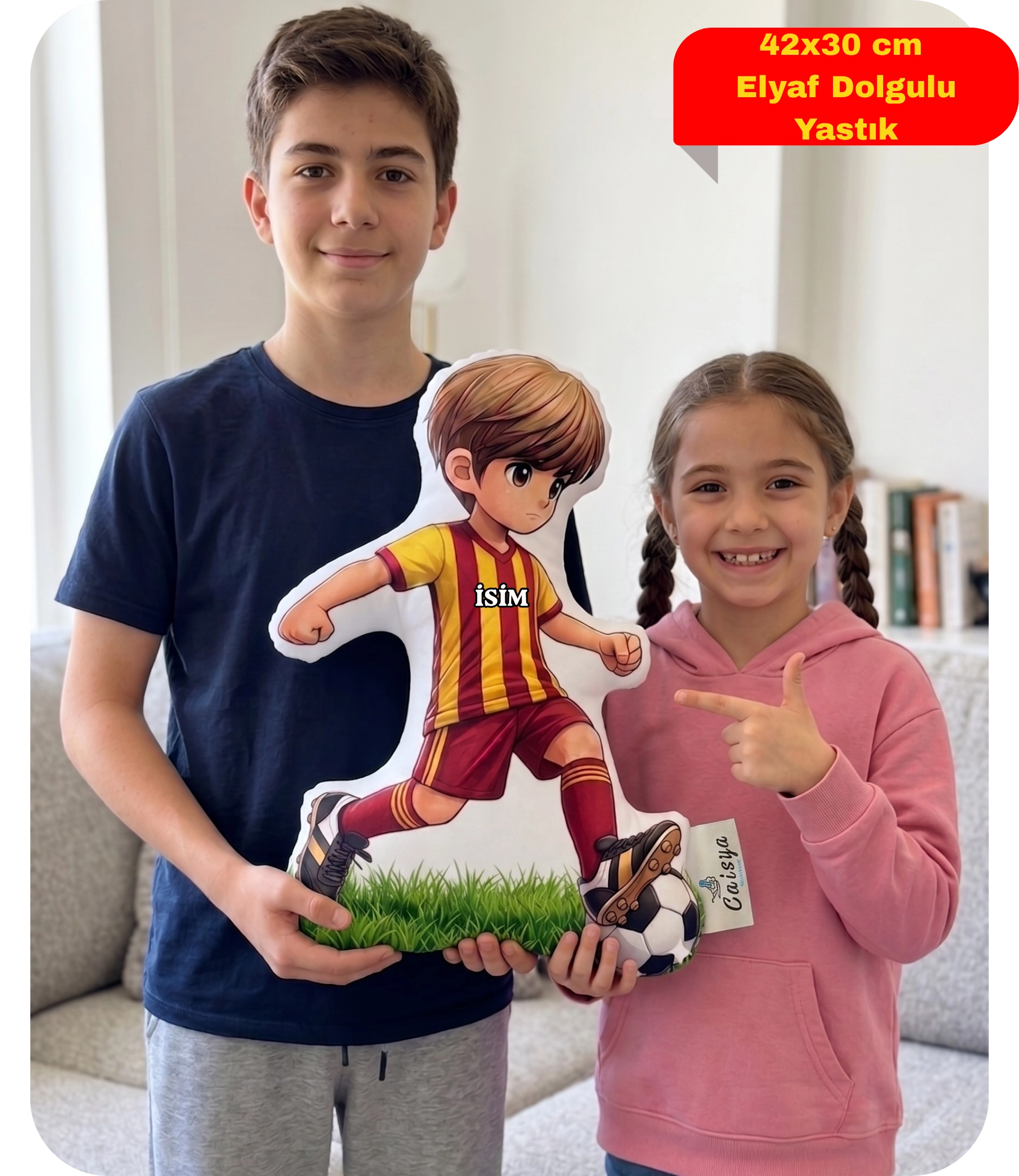 Taraftar Yastık Sarı Kırmızı Formalı Futbolcu Figür İsimli Yastık Çift Yön Baskılı Yastık 42x30cm
