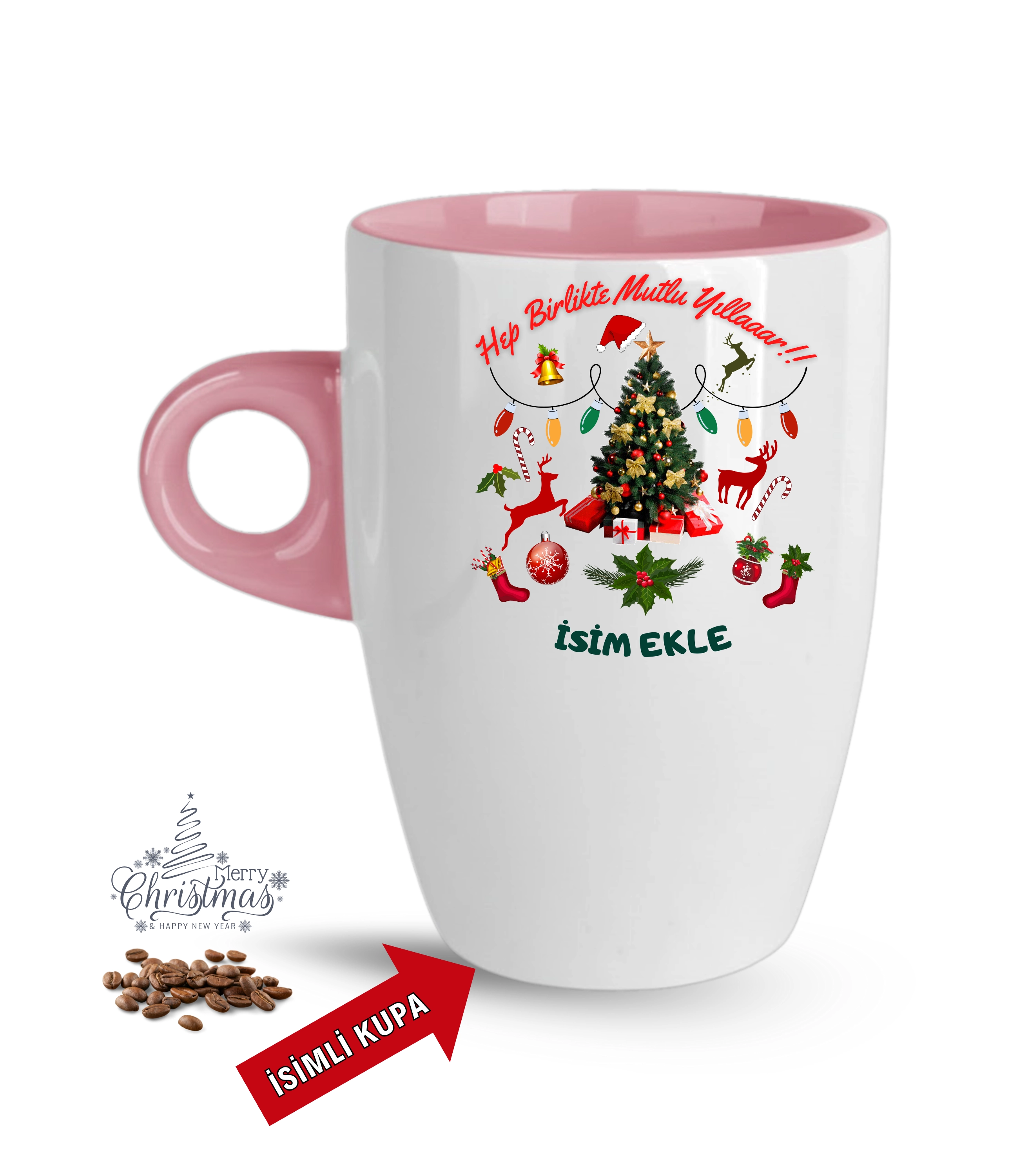 Yılbaşı Hediyesi Mutlu Yıllar Çam Ağacı İsimli Baskılı Porselen Latte Kupa Bardak Pembe