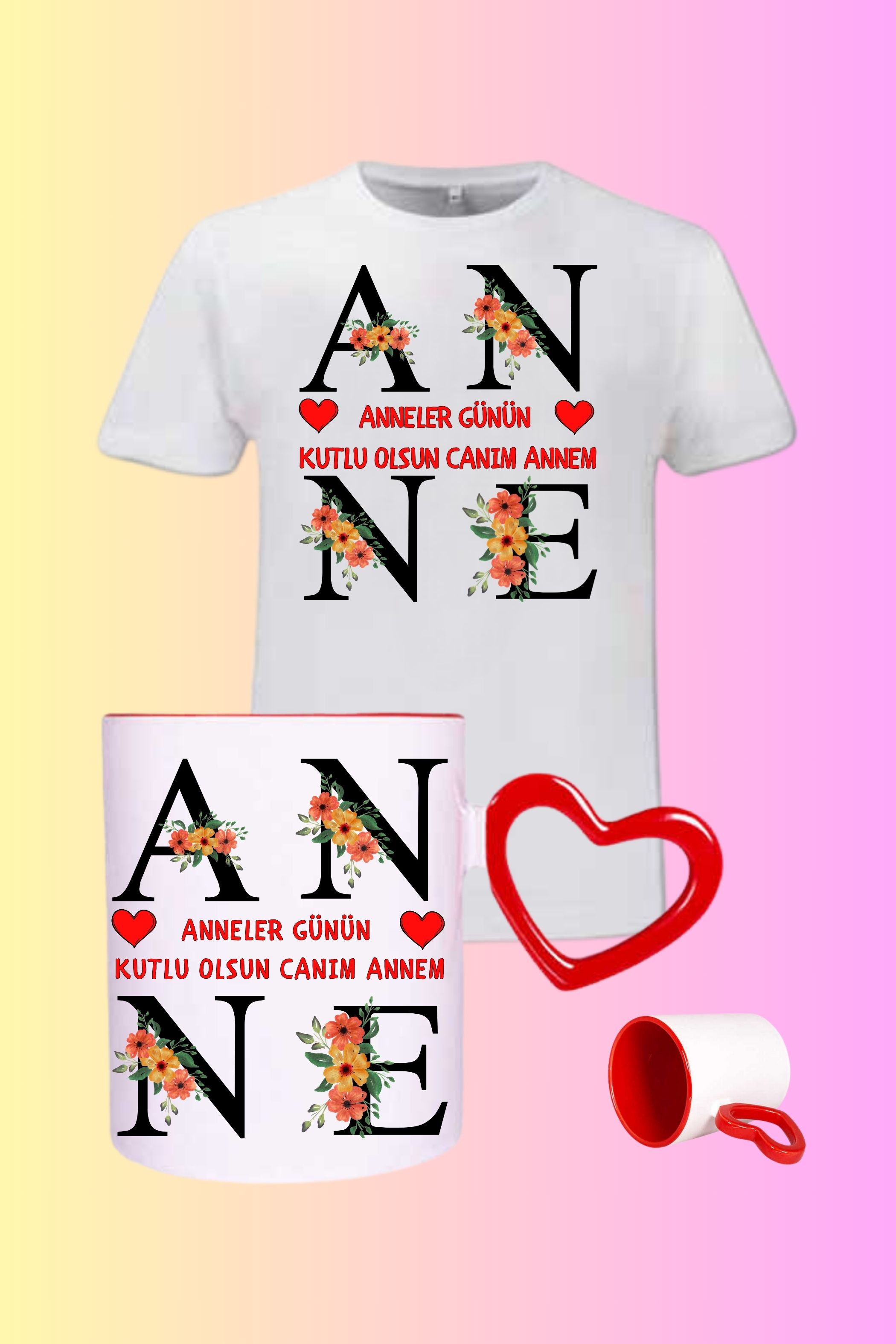 Anneye Hediye Baskılı Pamuklu T-Shirt ve Kırmızı Kalpli Kupa Bardak Kombin-1