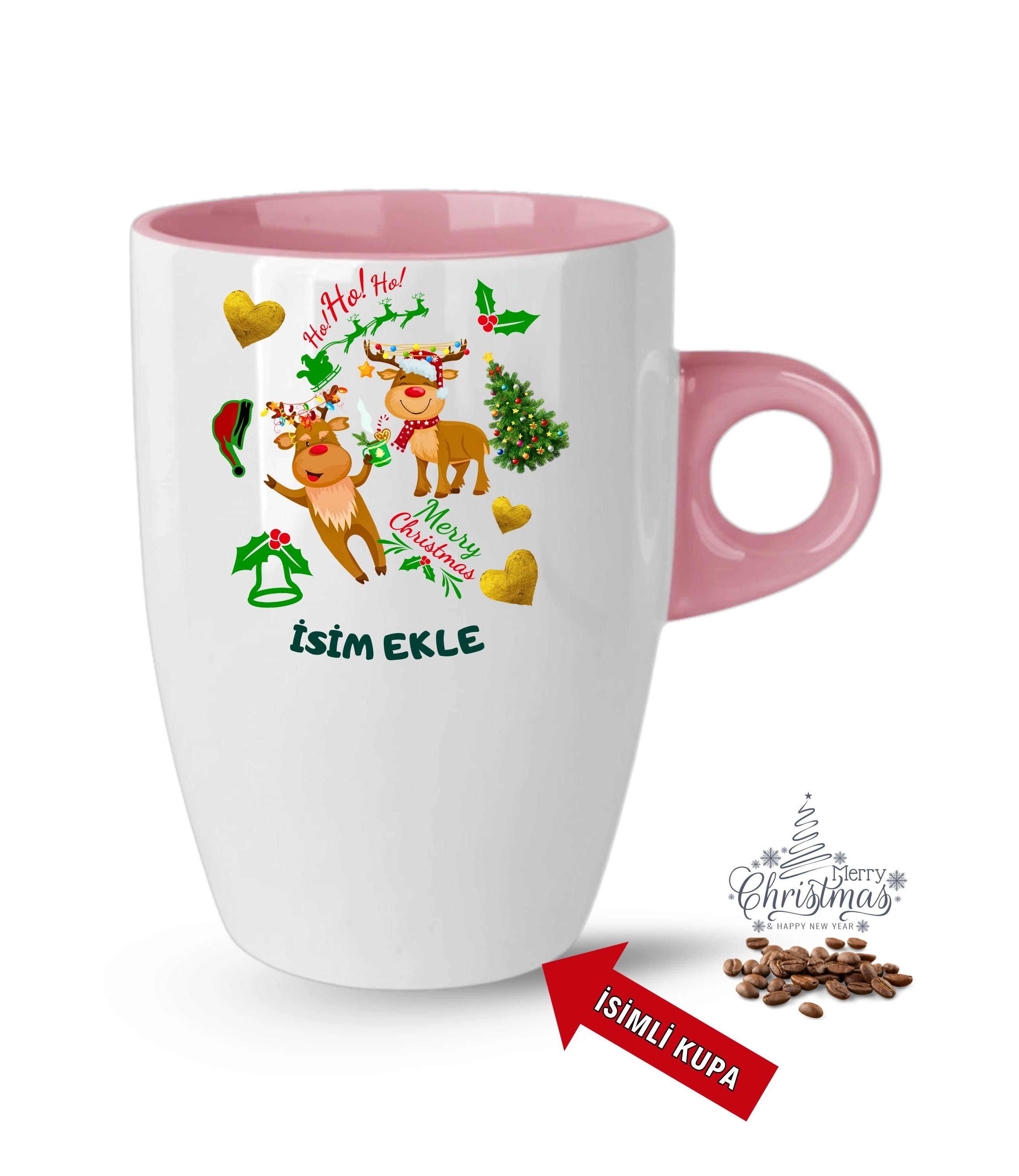 Yılbaşı Hediyesi Noel Kurabiyeleri İsimli Baskılı Porselen Latte Kupa Bardak Pembe
