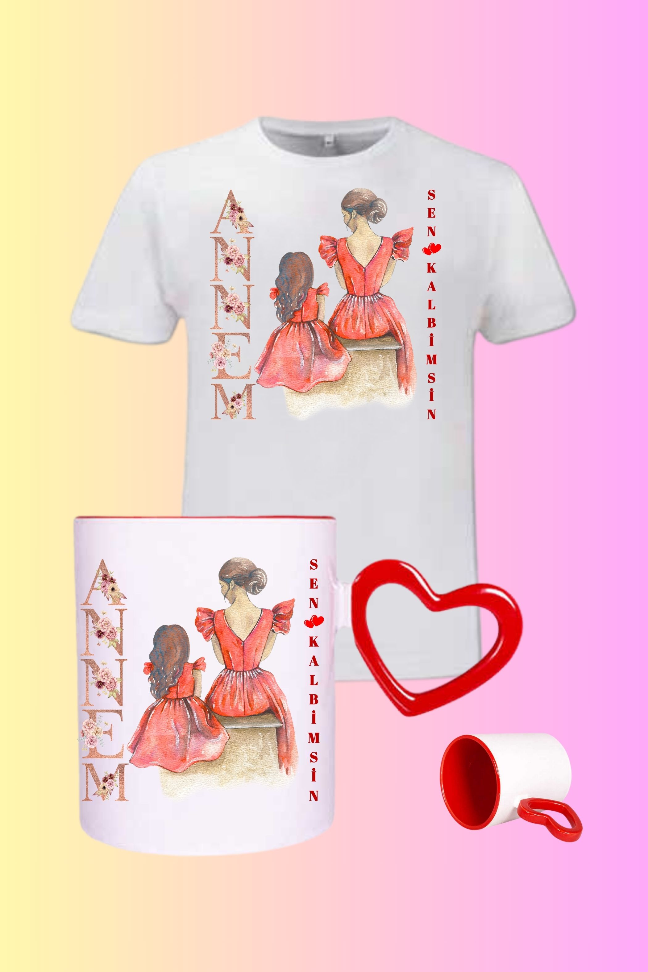 Anneye Hediye Baskılı Pamuklu T-Shirt ve Kırmızı Kalpli Kupa Bardak Kombin-2