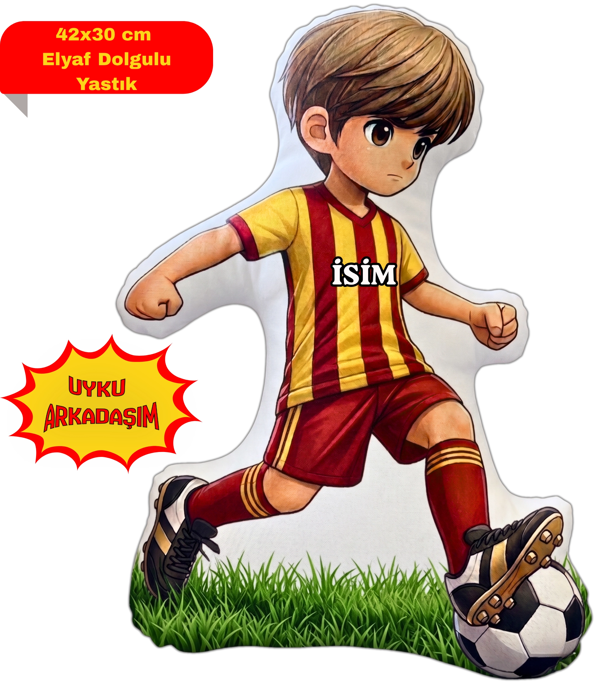 Taraftar Yastık Sarı Kırmızı Formalı Futbolcu Figür İsimli Yastık Çift Yön Baskılı Yastık 42x30cm
