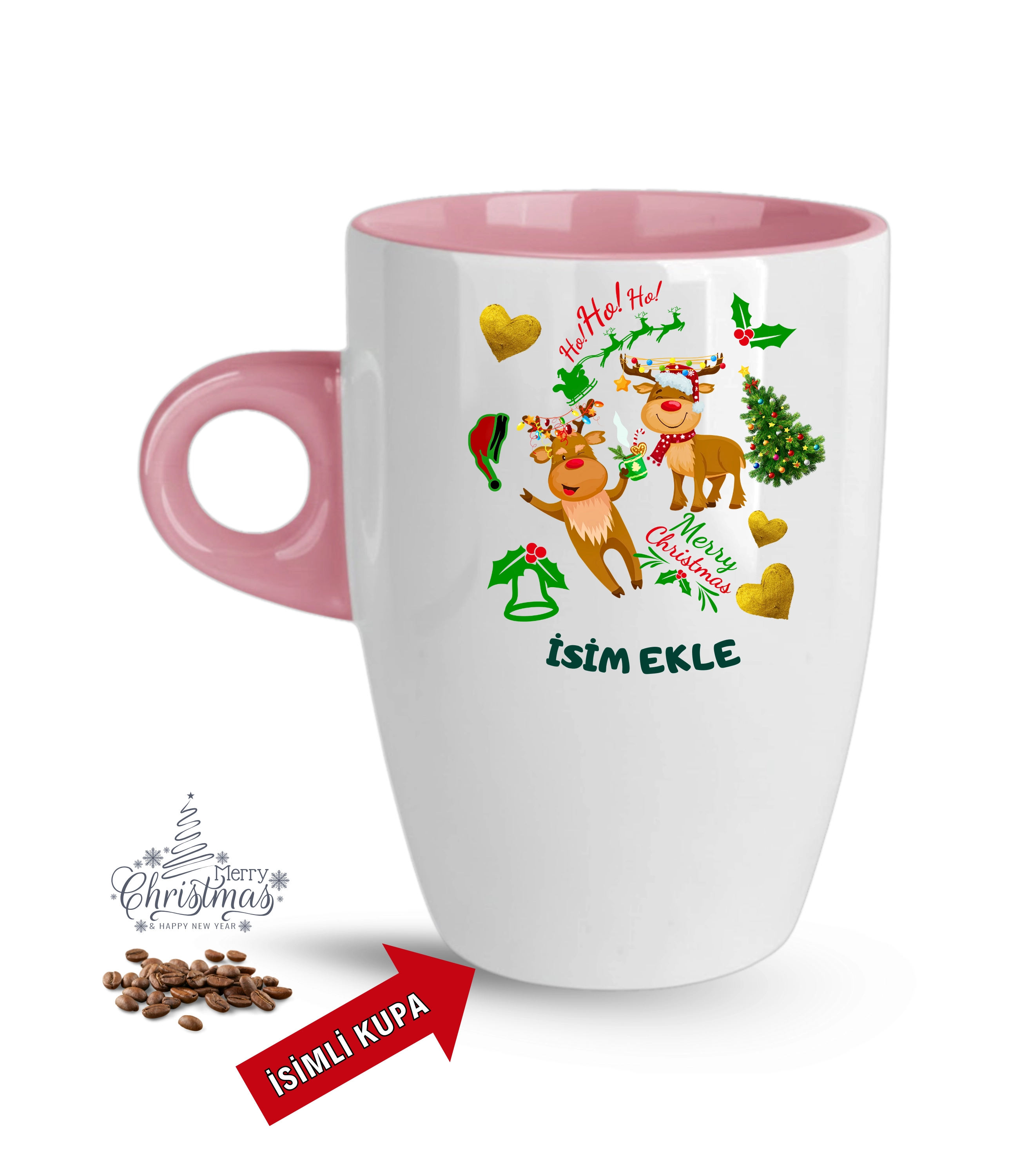 Yılbaşı Hediyesi Noel Kurabiyeleri İsimli Baskılı Porselen Latte Kupa Bardak Pembe