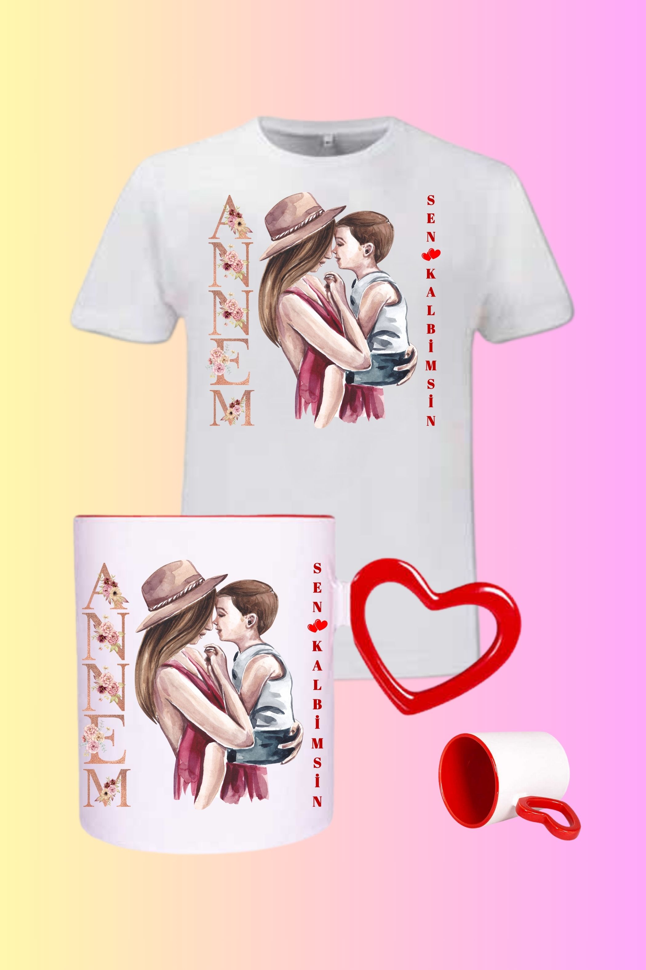 Anneye Hediye Baskılı Pamuklu T-Shirt ve Kırmızı Kalpli Kupa Bardak Kombin-3