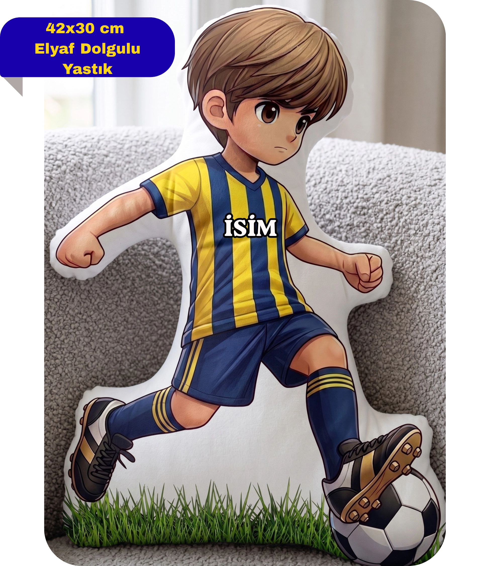 Taraftar Yastık Sarı Lacivert Formalı Futbolcu Figür İsimli Yastık Çift Yön Baskılı Yastık 42x30cm