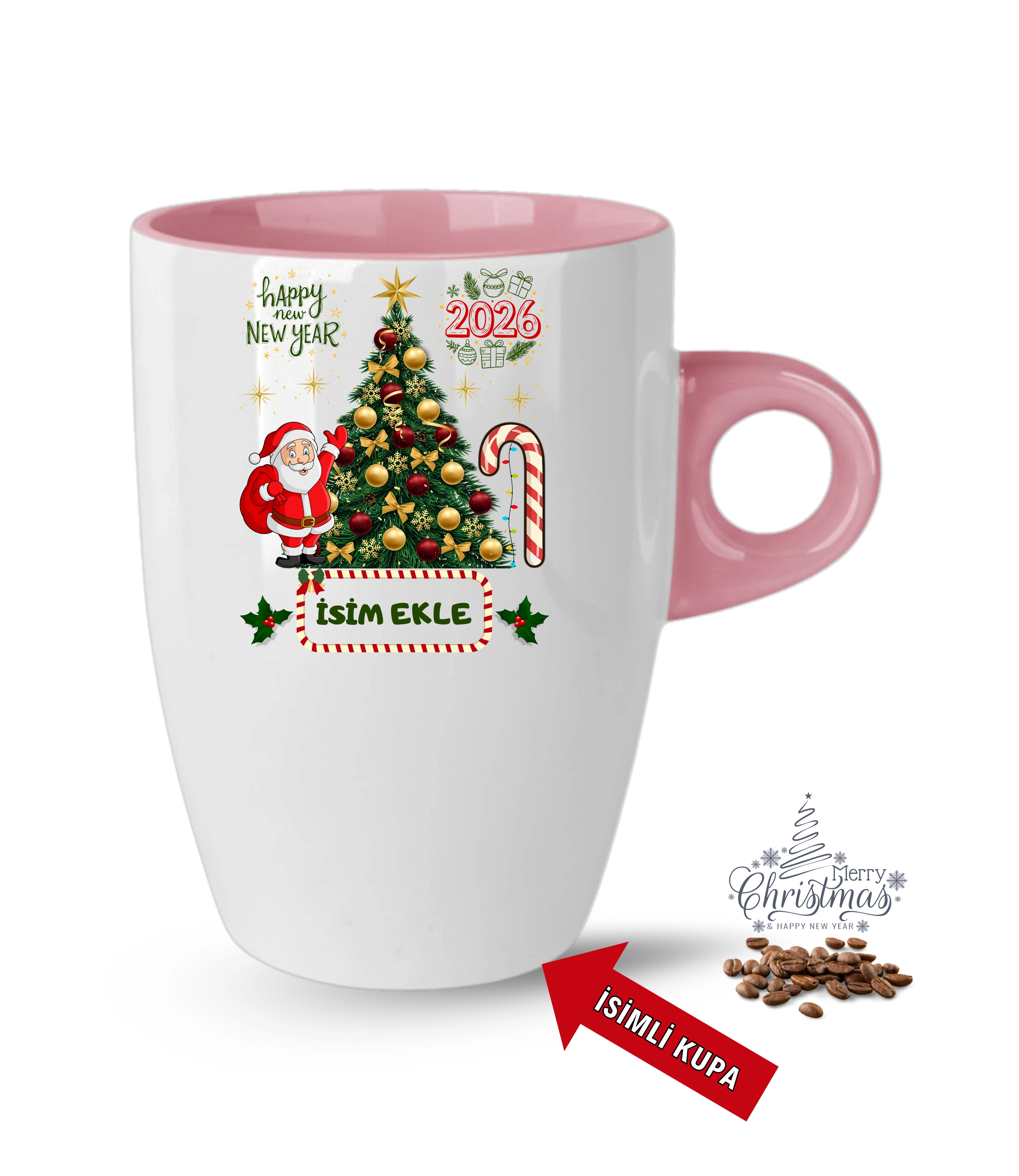 Yılbaşı Hediyesi Christmas Çam Ağacı İsimli Baskılı Porselen Latte Kupa Bardak Pembe