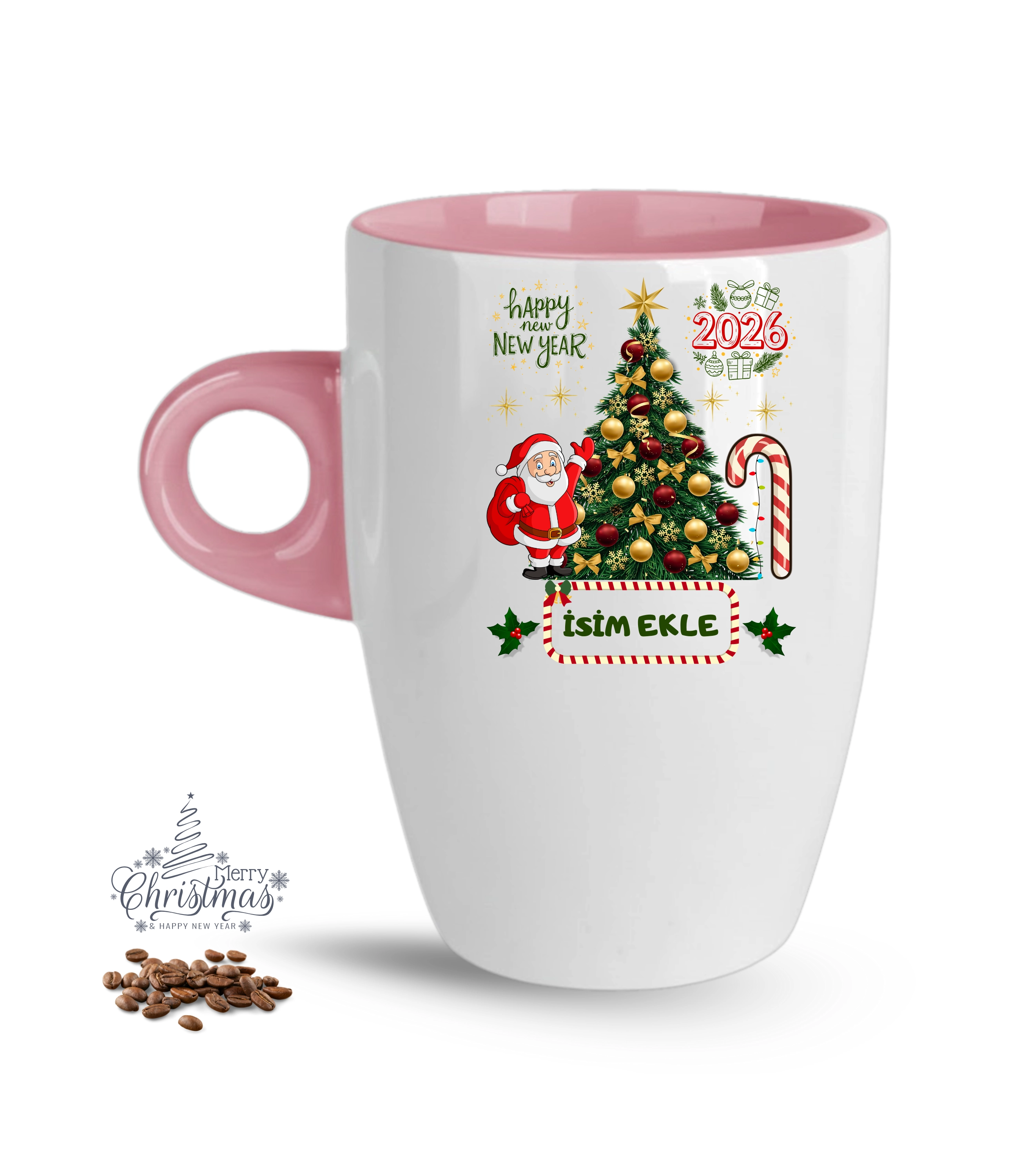 Yılbaşı Hediyesi Christmas Çam Ağacı İsimli Baskılı Porselen Latte Kupa Bardak Pembe