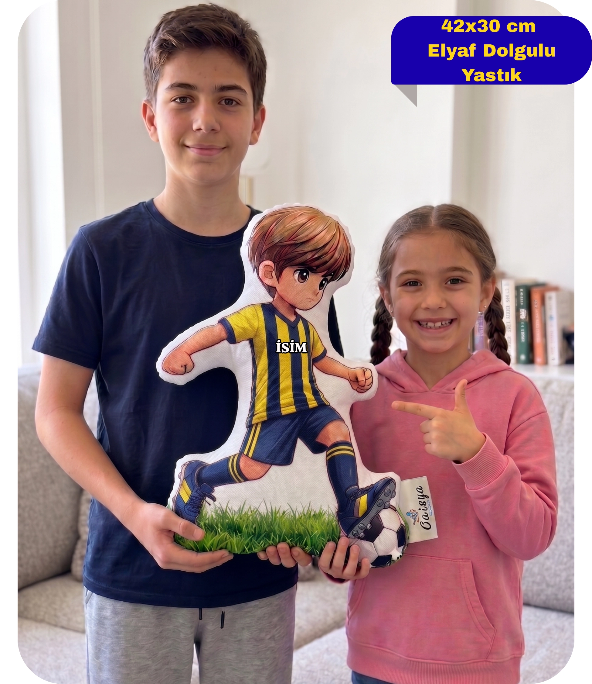 Taraftar Yastık Sarı Lacivert Formalı Futbolcu Figür İsimli Yastık Çift Yön Baskılı Yastık 42x30cm
