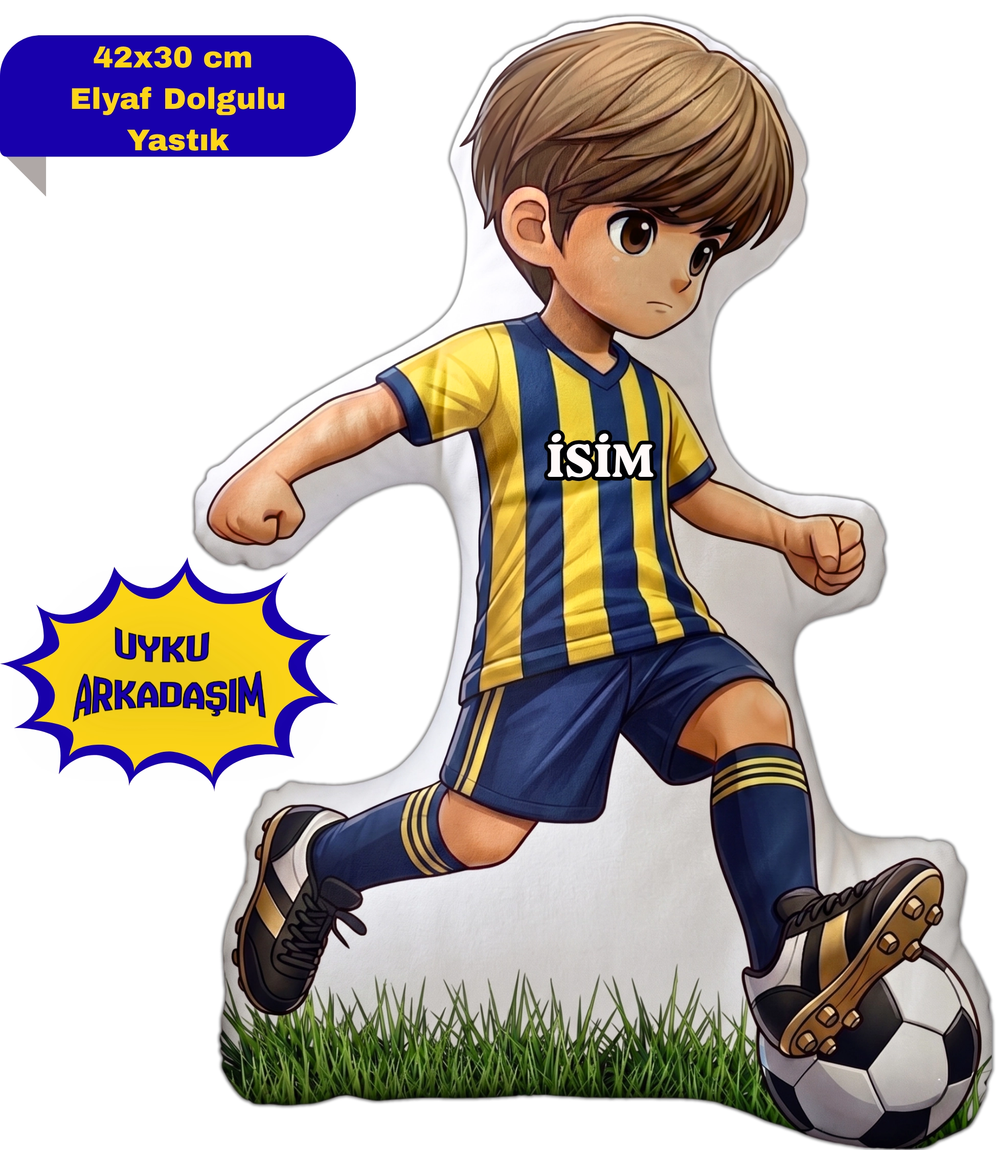 Taraftar Yastık Sarı Lacivert Formalı Futbolcu Figür İsimli Yastık Çift Yön Baskılı Yastık 42x30cm