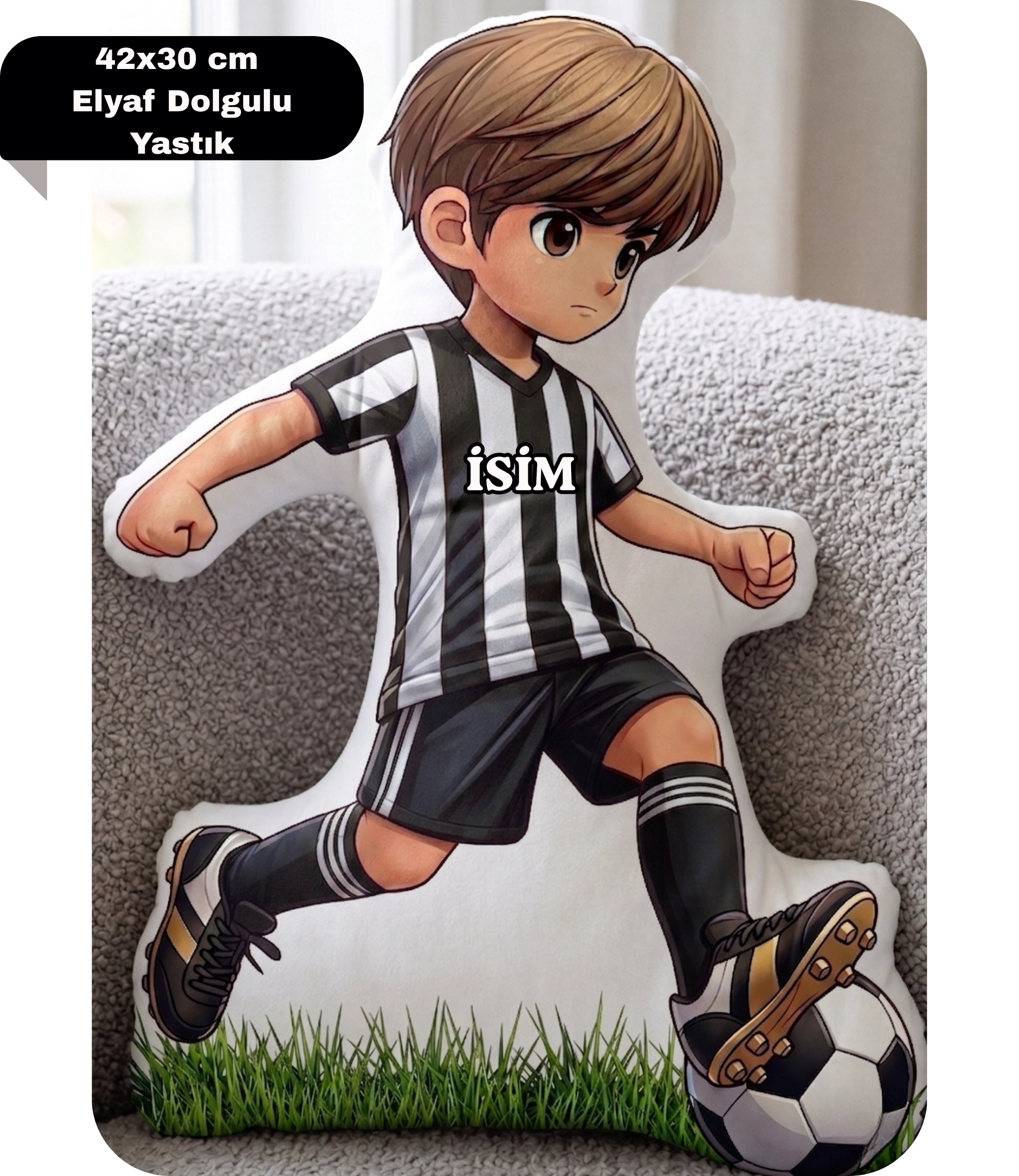 Taraftar Yastık Siyah Beyaz Formalı Futbolcu Figür İsimli Yastık Çift Yön Baskılı Yastık 42x30cm