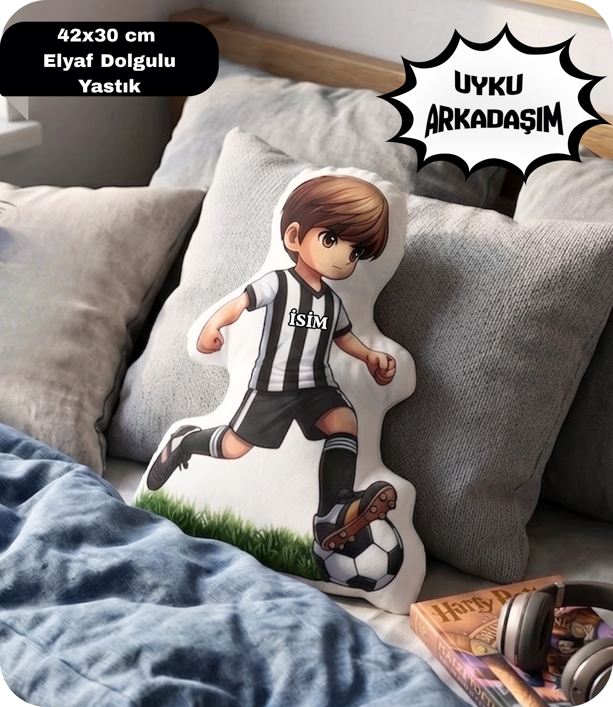 Taraftar Yastık Siyah Beyaz Formalı Futbolcu Figür İsimli Yastık Çift Yön Baskılı Yastık 42x30cm