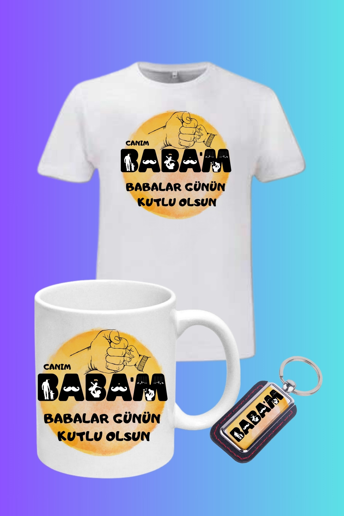 Babalar Günü Hediyesi Baskılı Anahtarlık Kupa Tişört Kombin 3 lü set-3