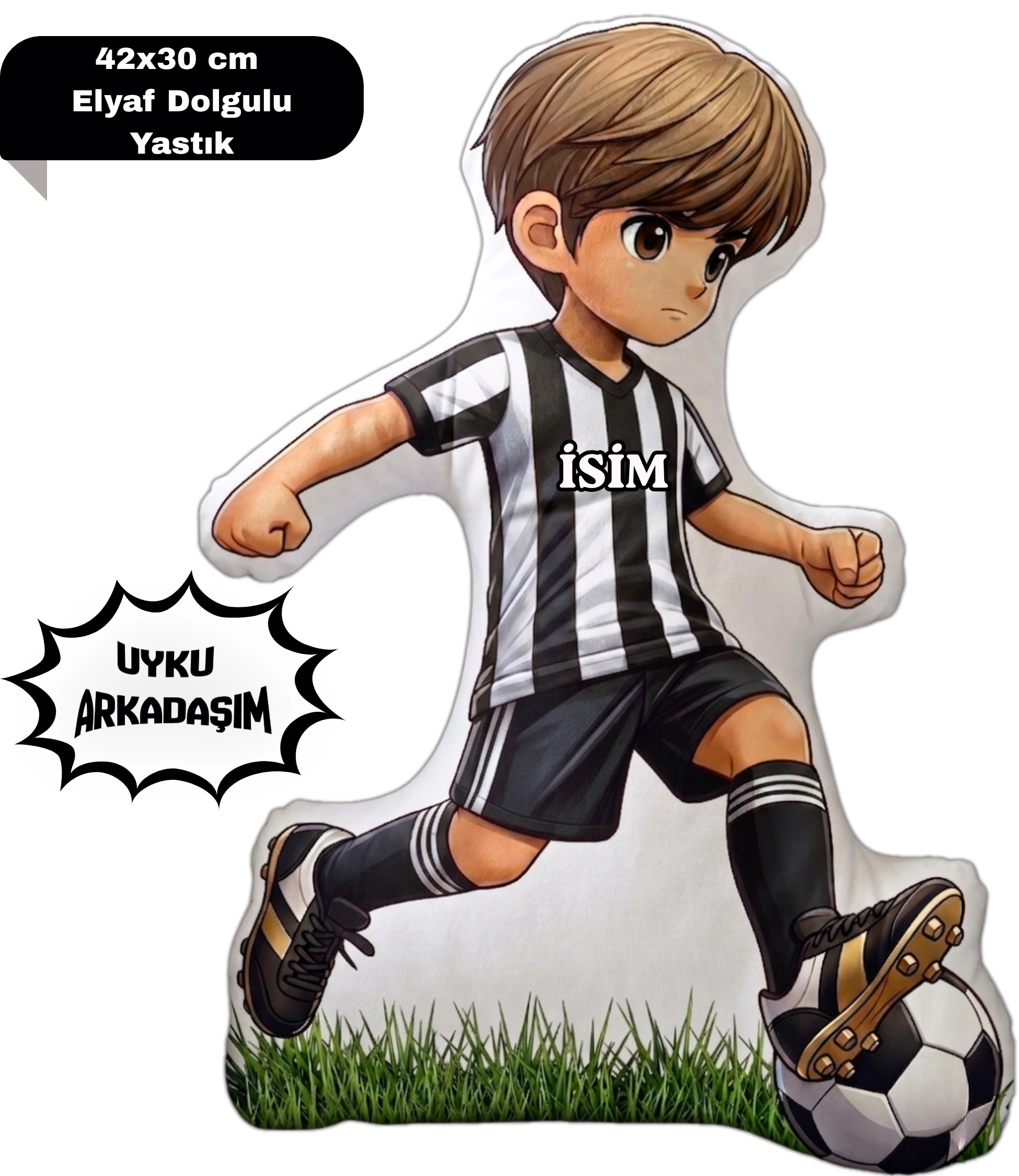 Taraftar Yastık Siyah Beyaz Formalı Futbolcu Figür İsimli Yastık Çift Yön Baskılı Yastık 42x30cm