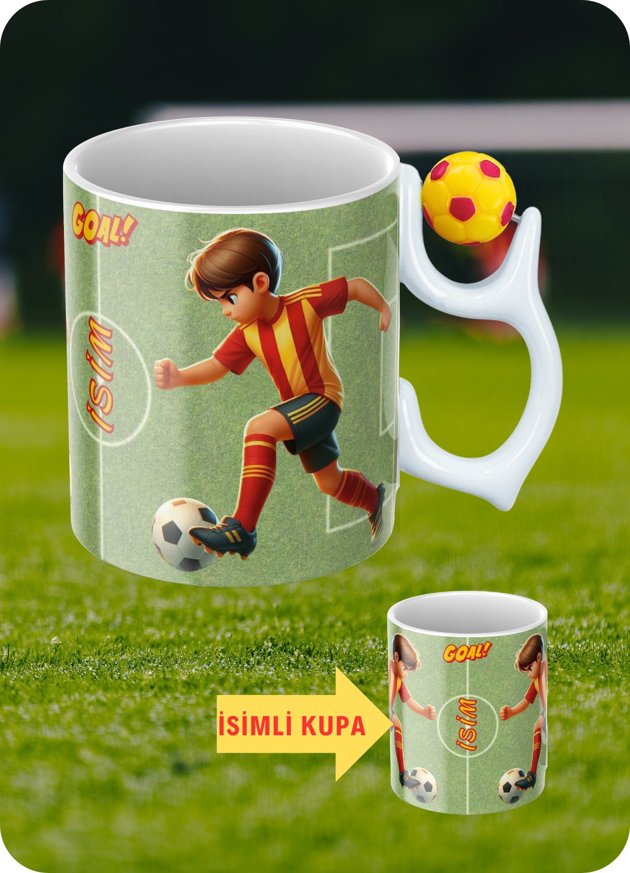 Sarı Kırmızı Futbol Toplu Sarı Kırmızı Forma Oyunculu Taraftar İsimli Baskılı Kupa Bardak