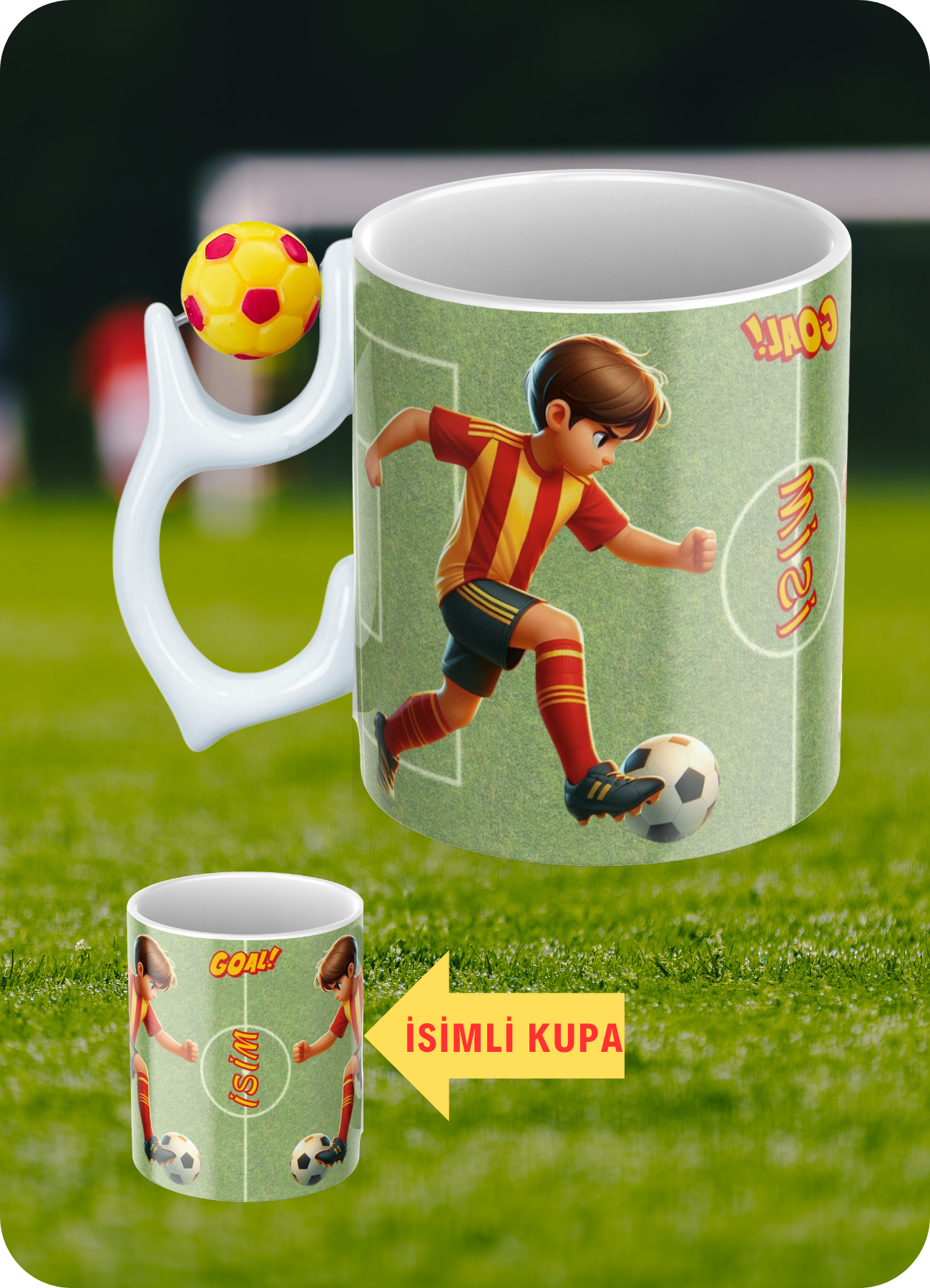 Sarı Kırmızı Futbol Toplu Sarı Kırmızı Forma Oyunculu Taraftar İsimli Baskılı Kupa Bardak