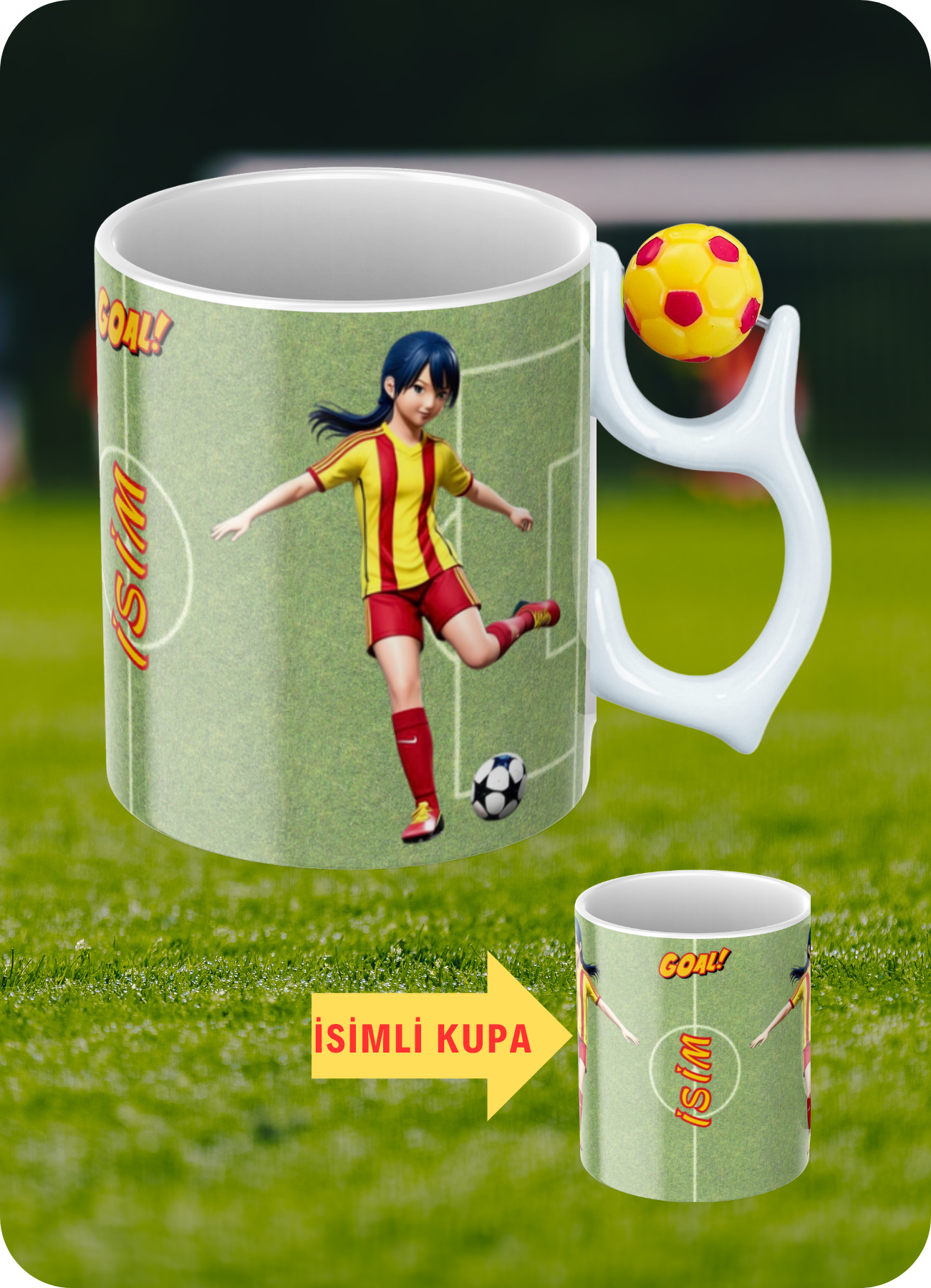 Sarı Kırmızı Futbol Toplu Sarı Kırmızı Forma Kadın Futbolcu Taraftar İsimli Baskılı Kupa Bardak