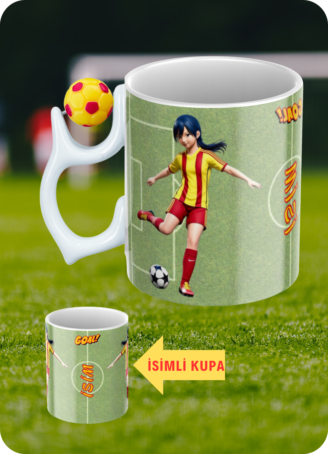 Sarı Kırmızı Futbol Toplu Sarı Kırmızı Forma Kadın Futbolcu Taraftar İsimli Baskılı Kupa Bardak