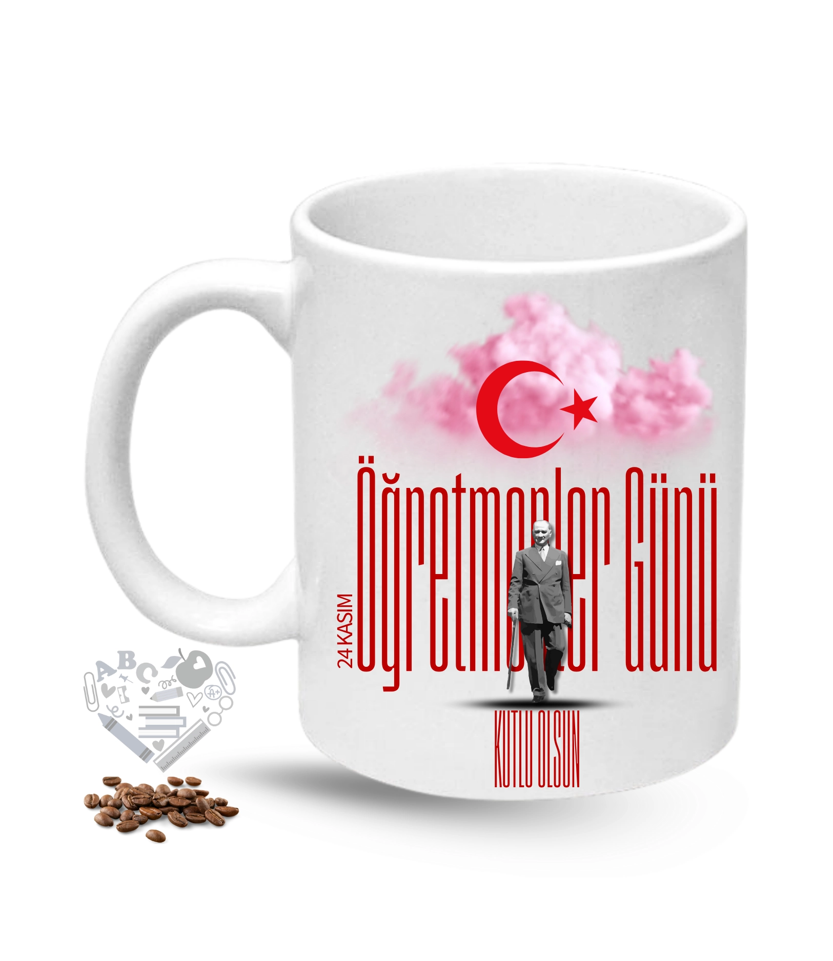 Öğretmenler Günü Hediyesi Atatürk Ay Yıldız Baskılı Porselen Kupa Bardak