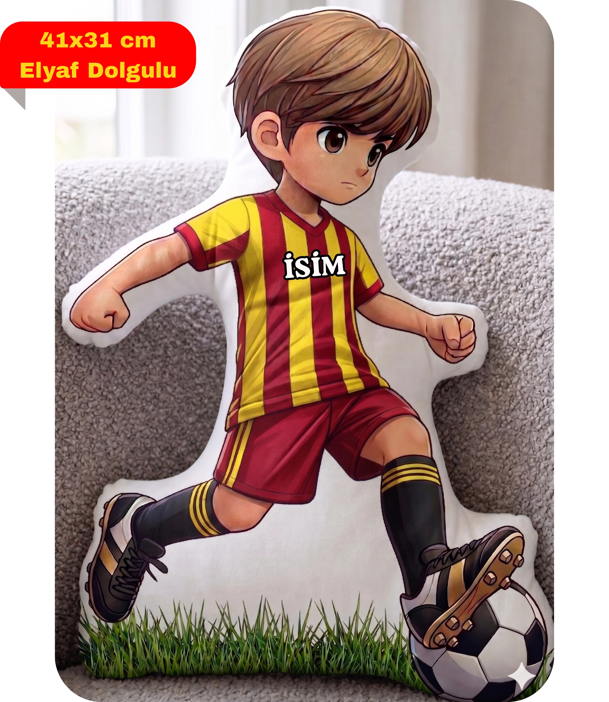 Sarı Kırmızı Futbol Kupa Taraftar Yastık Kombin Taraftar Uyku Arkadaşı İkili Set Hediye