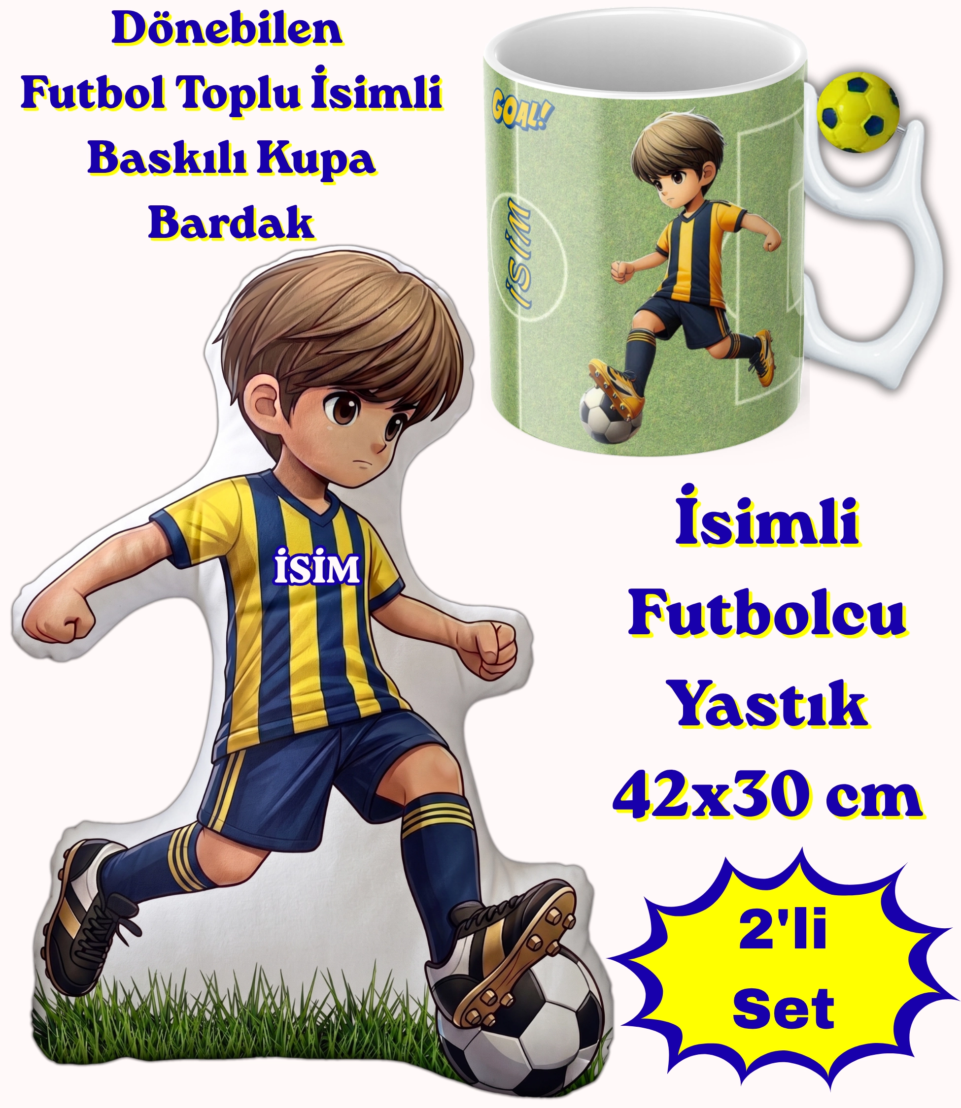 Sarı Lacivert Futbol Kupa Taraftar Yastık Kombin Taraftar Uyku Arkadaşı İkili Set Hediye