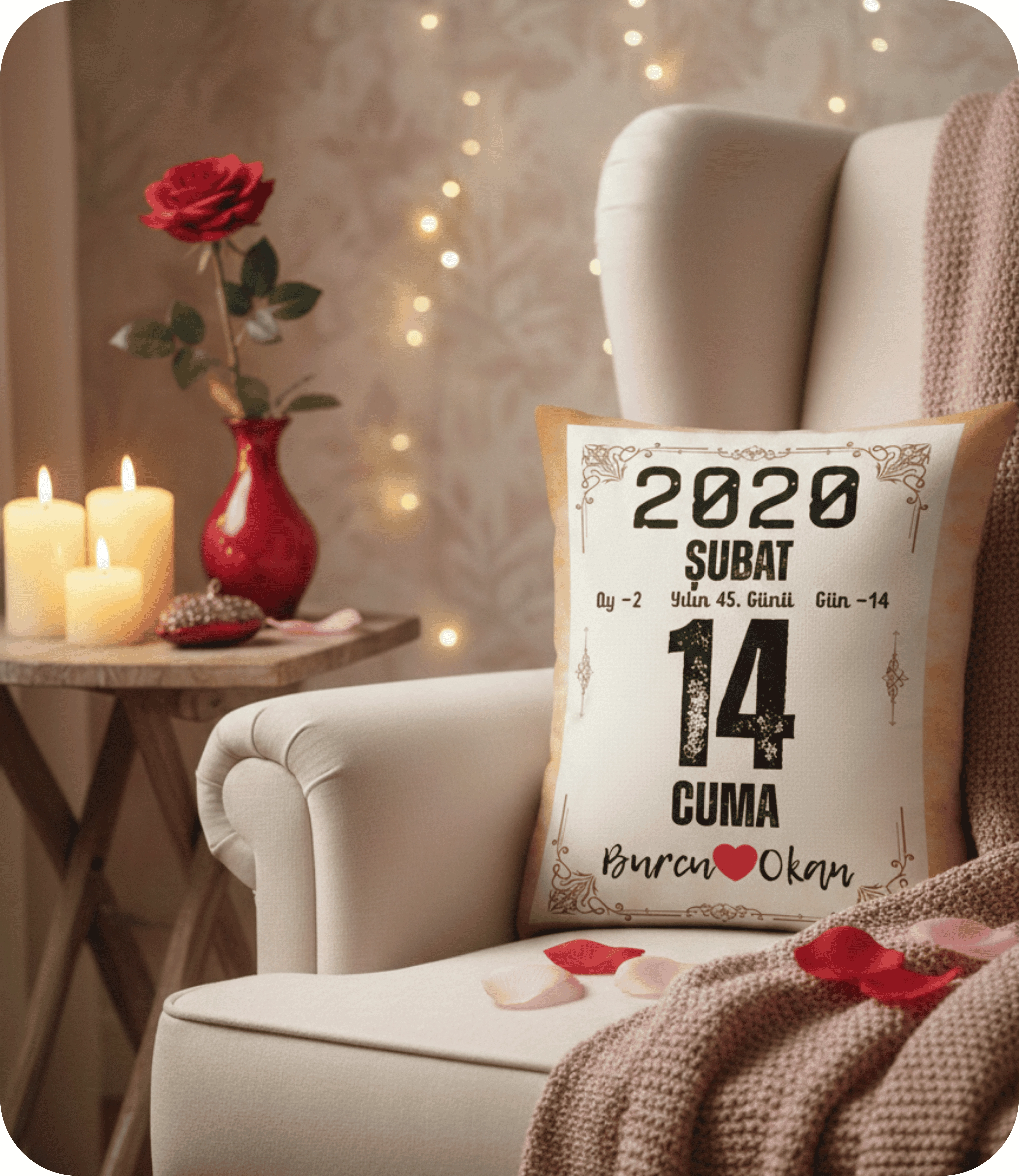 Sevgililer Günü Hediyesi Takvim Yaprağı Hediyelik Dekoratif Yastık Kırlent 40x28cm Dolgulu