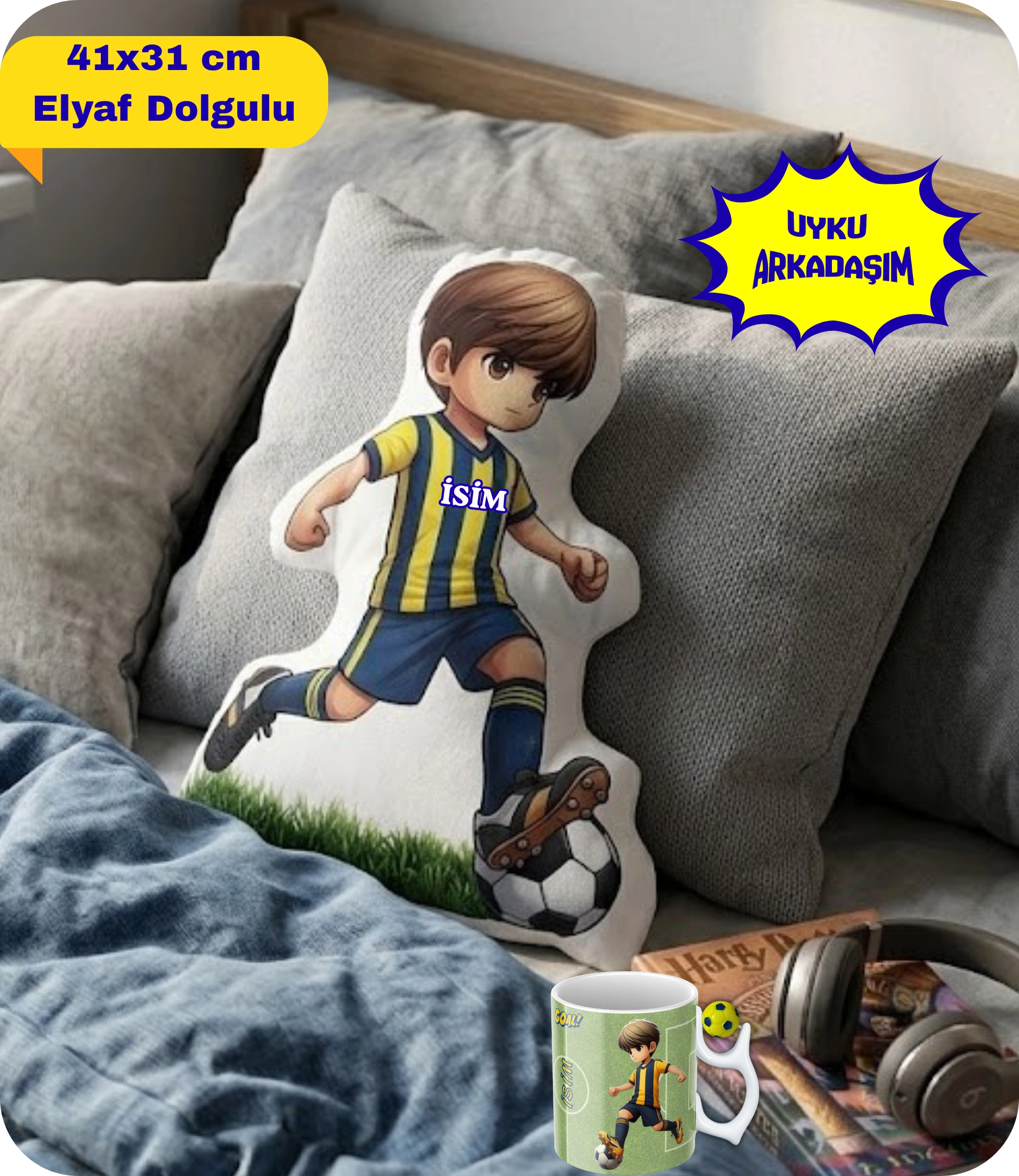 Sarı Lacivert Futbol Kupa Taraftar Yastık Kombin Taraftar Uyku Arkadaşı İkili Set Hediye