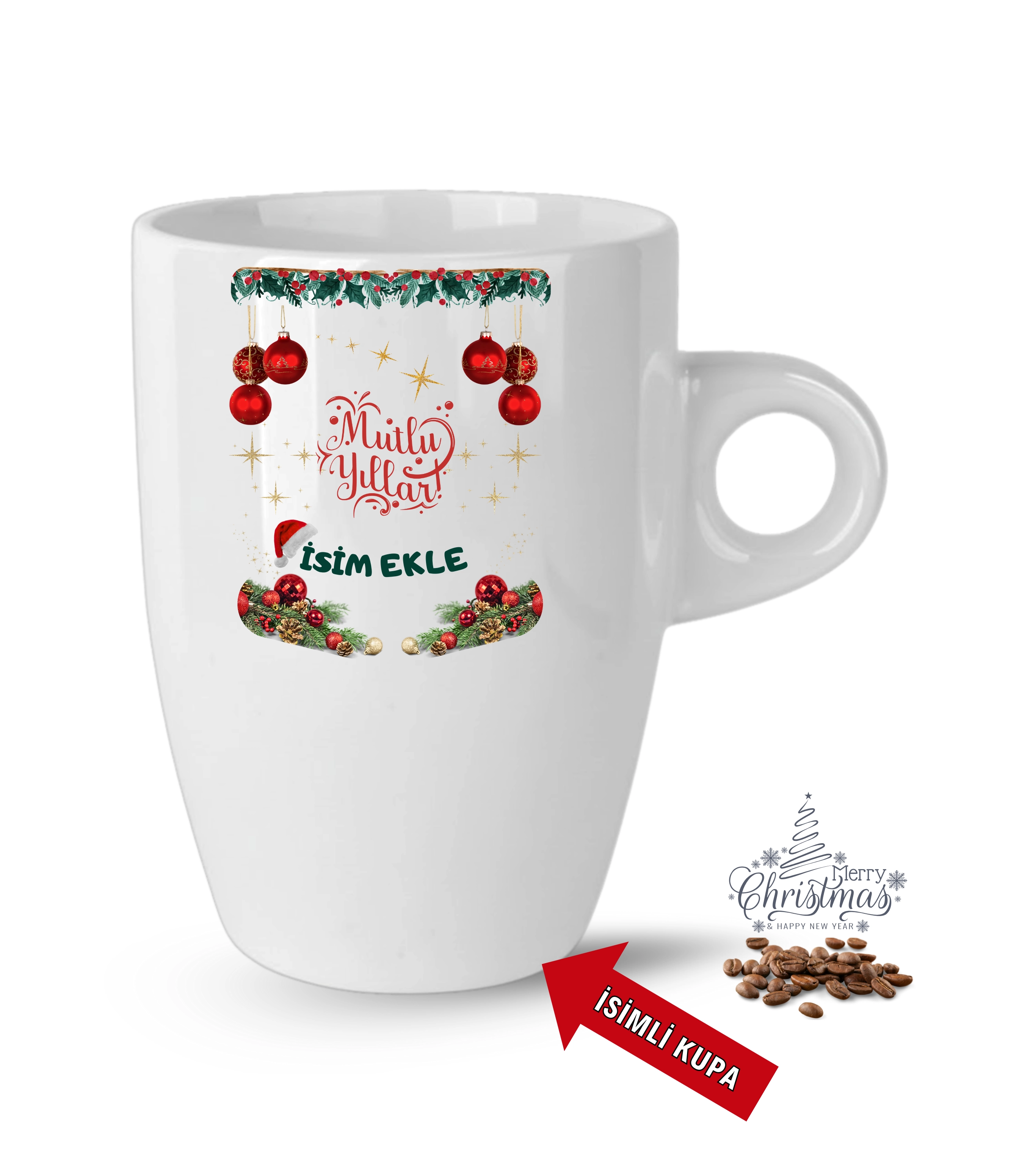 Yılbaşı Hediyesi Mutlu Yıllar Christmas İsimli Baskılı Porselen Latte Kupa Bardak Beyaz