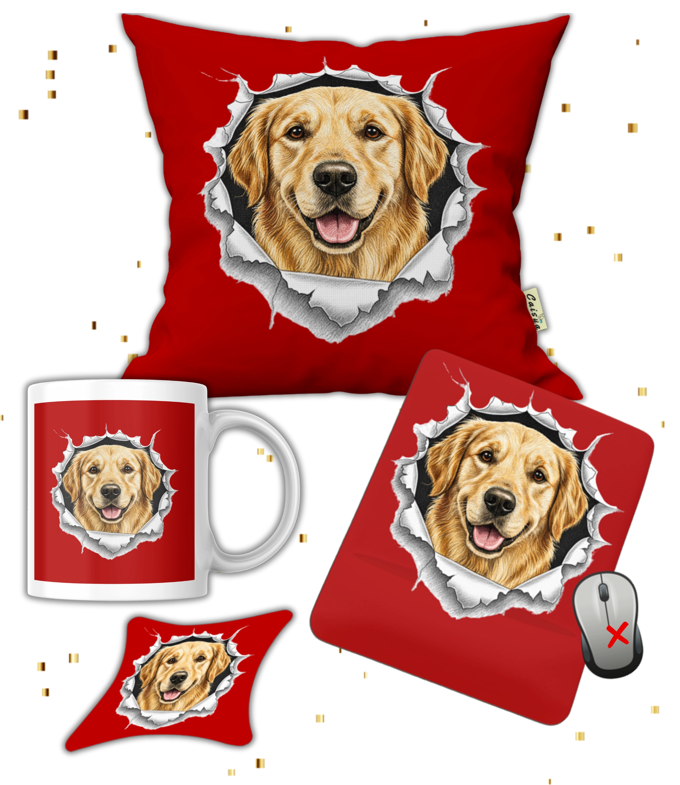 Köpek Sever Hediye Seti Golden Retriever Temalı Baskılı Kupa Yastık İsimli Mause Ped Bardak Altlığı