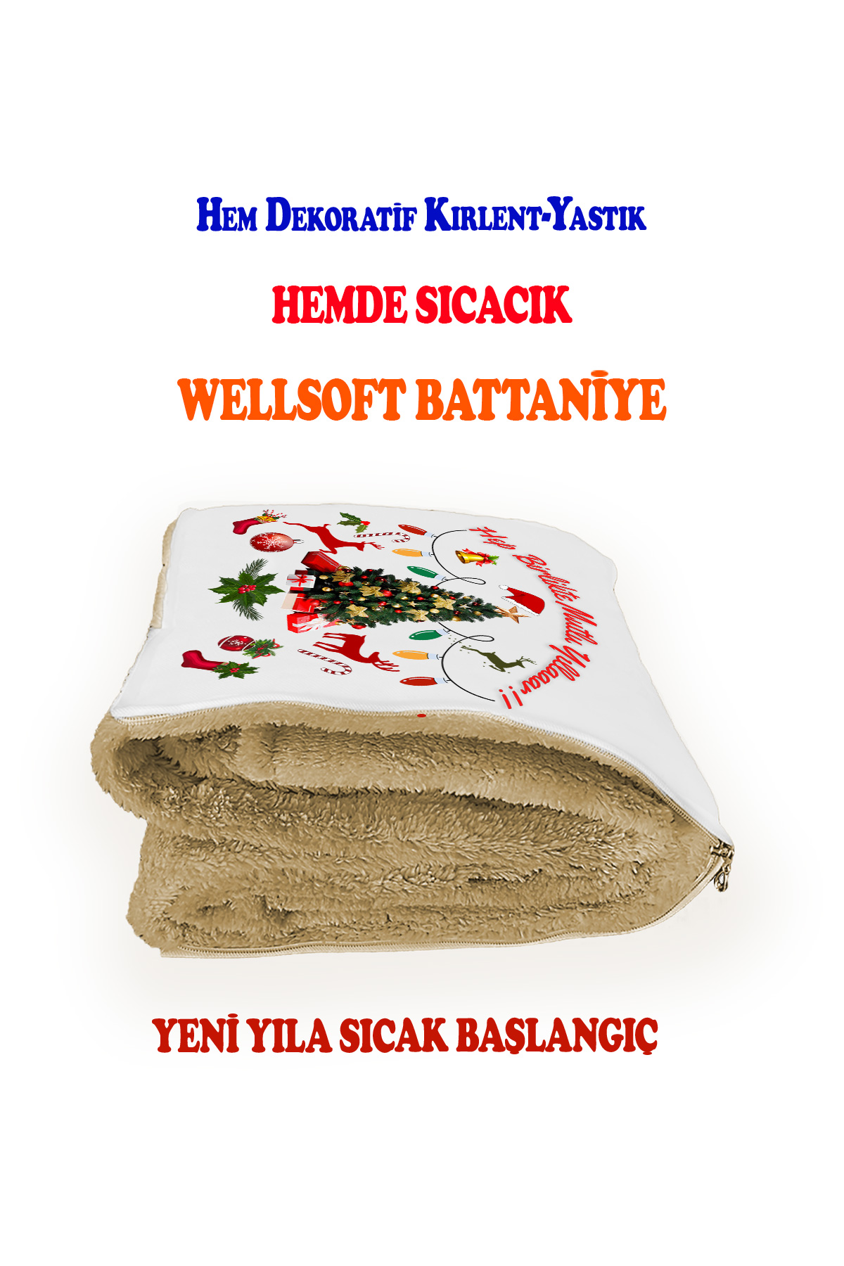Yılbaşı Hediyesi Battaniyeli Yastık-Kırlent Happy New Year Opsiyonel TV Battaniyeli Yastık 36x36cm