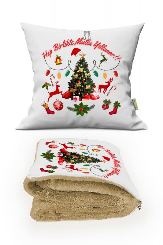 Yılbaşı Hediyesi Battaniyeli Yastık-Kırlent Happy New Year Opsiyonel TV Battaniyeli Yastık 36x36cm