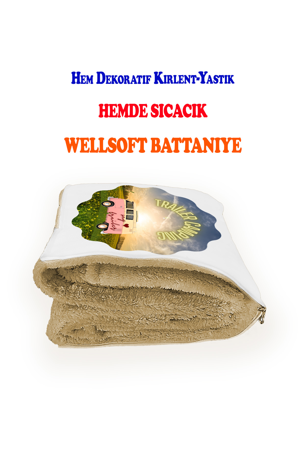Karavan Baskılı Battaniyeli Opsiyonel Yastık Kırlent Camping