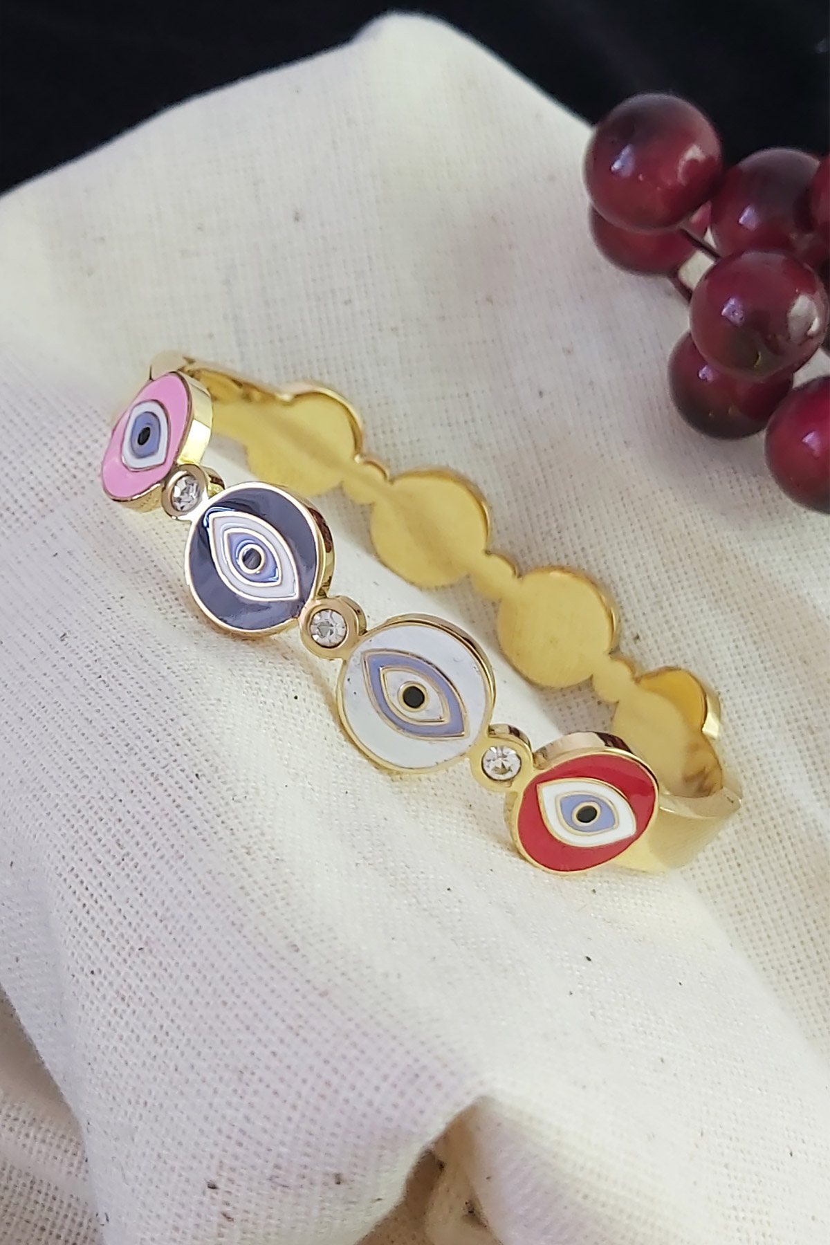 Dört Renkli Mineli Göz Figür Altın Kaplama Çelik Kelepçe 19,5cm