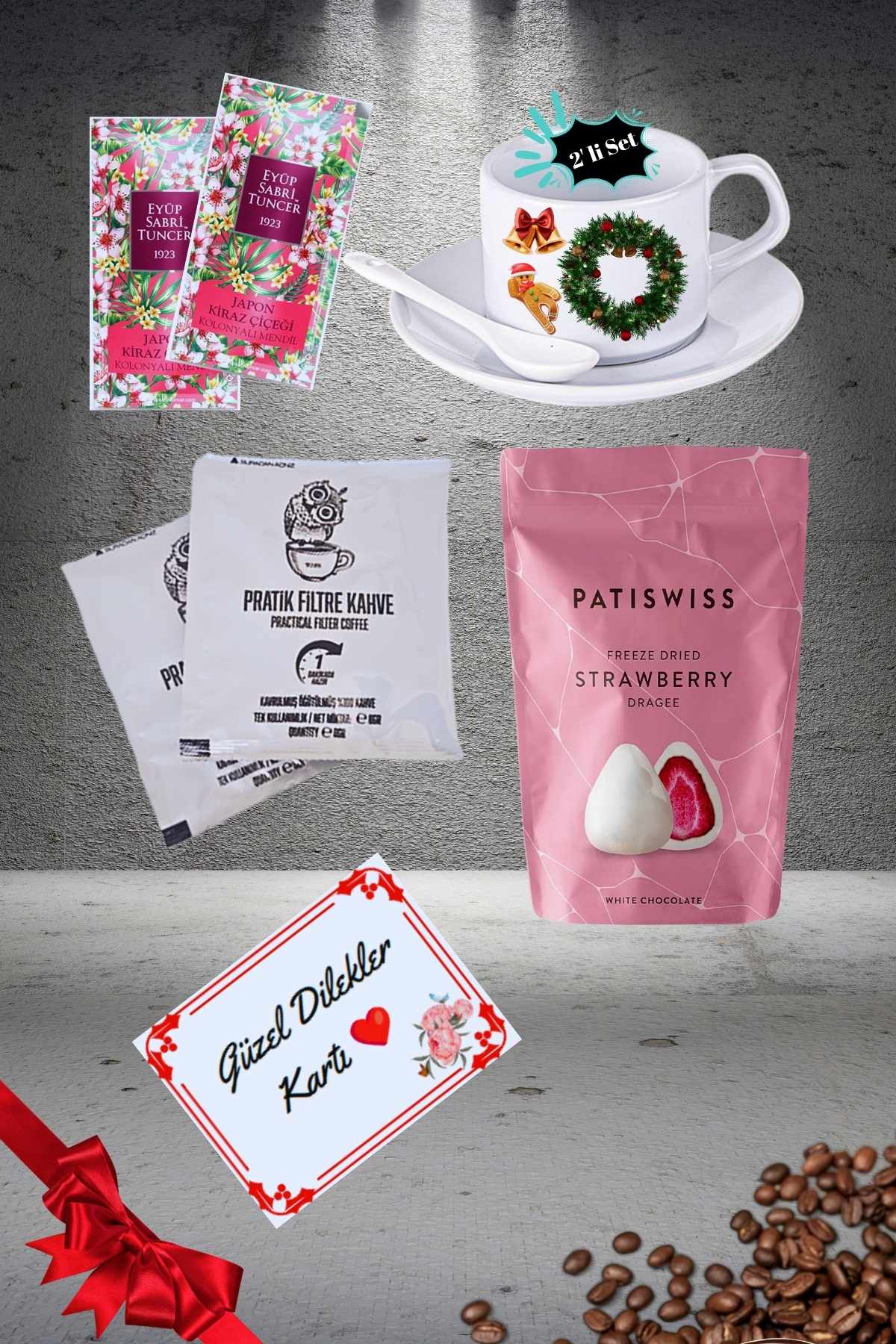 Yılbaşı 2’li Fincan seti & Beyaz Çikolatalı Çilek Draje & Filtre Kahve Hediye Seti Gift Box-4
