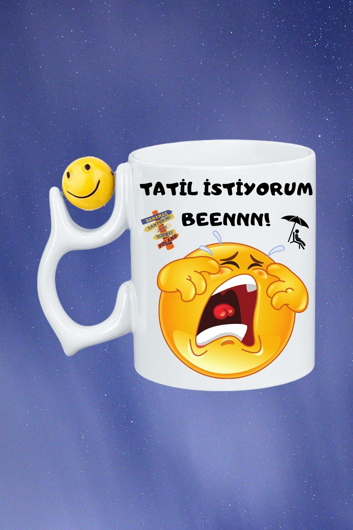 Tatil İstiyorum Ağlayan Emoji Baskılı Smile Emoji Toplu Kupa Bardak Çay Kahve Fincanı