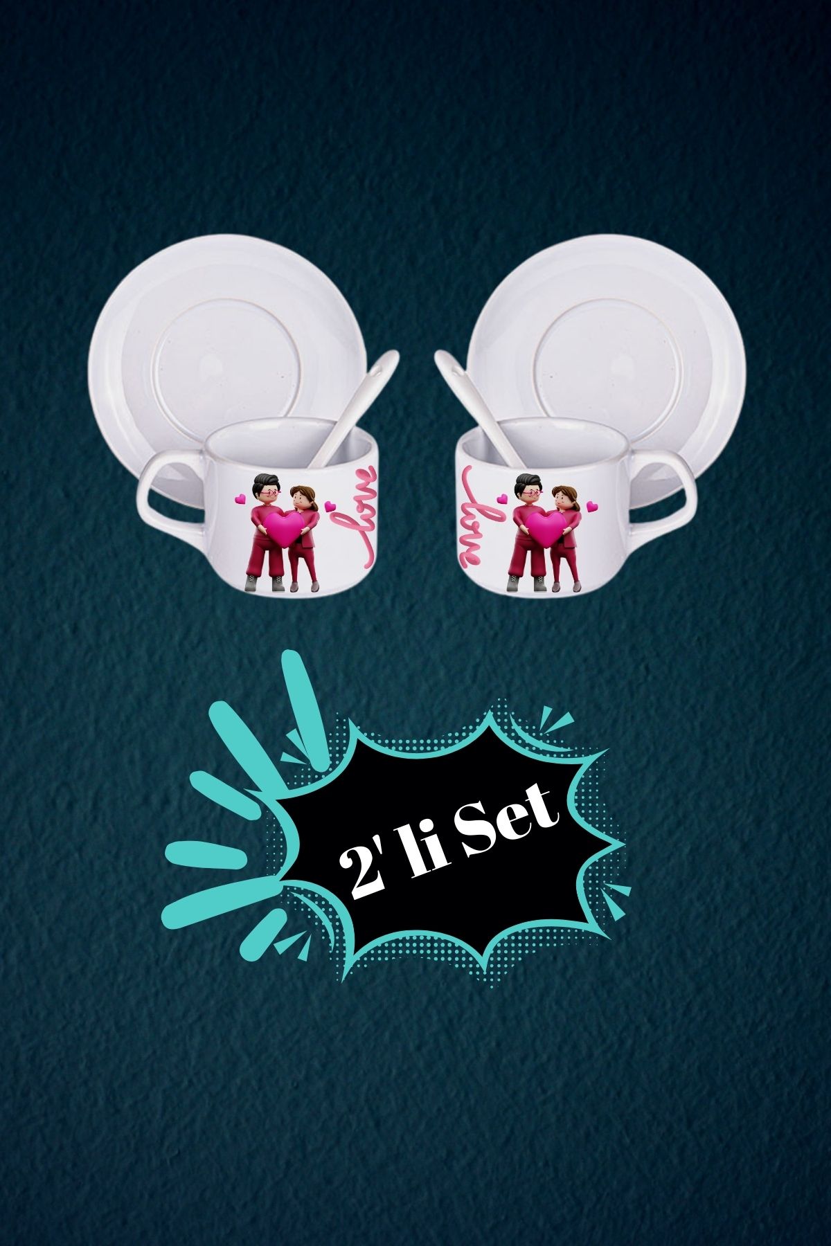 Sevgililer Günü Kalp Love Baskılı 2’li Set Kaşıklı Porselen Çay Kahve Fincan Seti-1