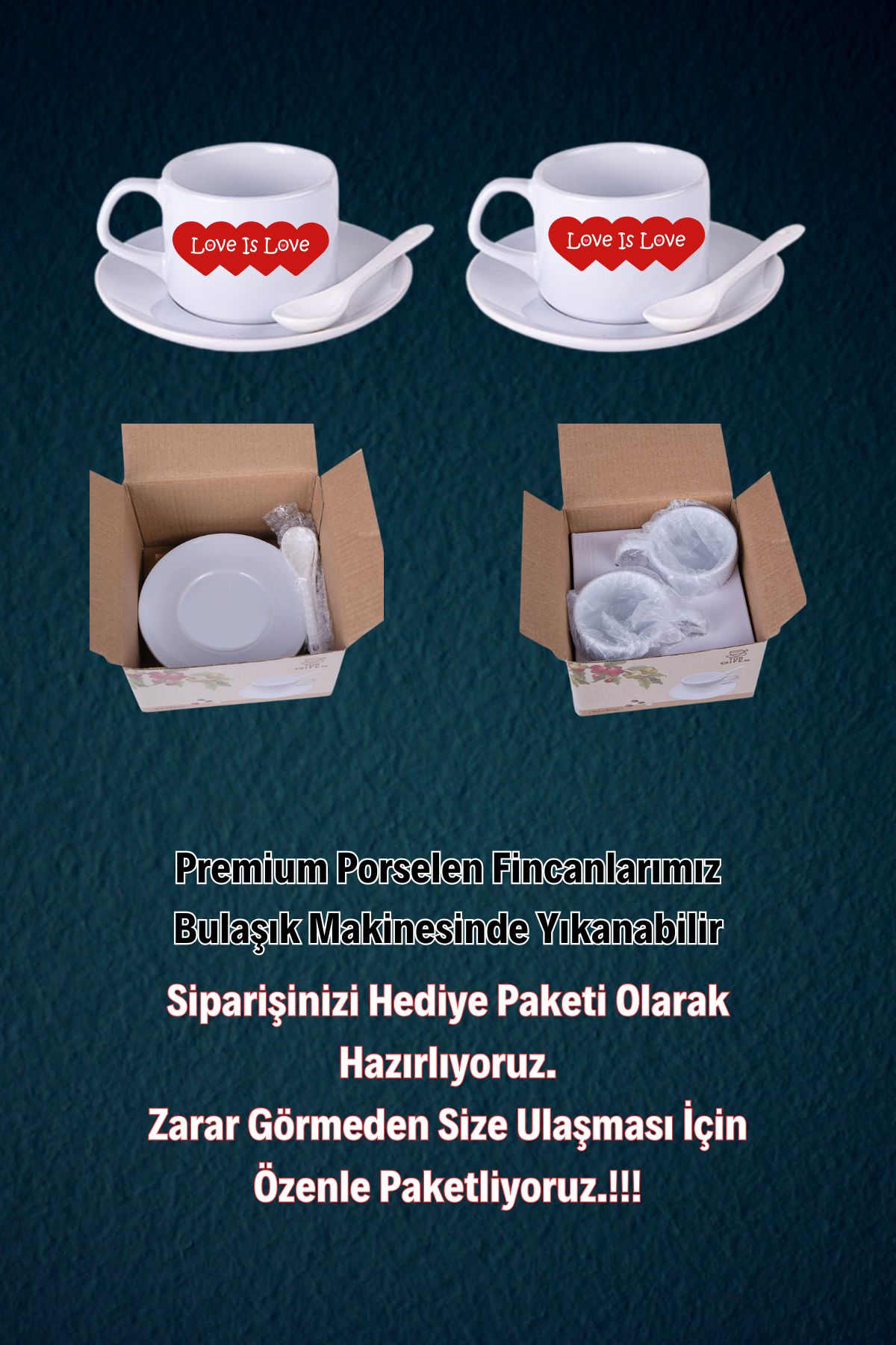Sevgililer Günü Kalpli Baskılı 2’li Set Kaşıklı Porselen Çay Kahve Fincan Seti-2