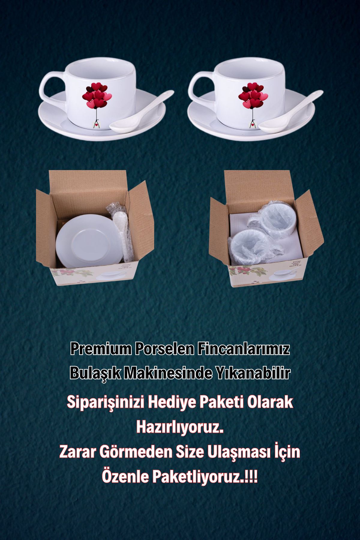 Sevgililer Günü Kalpli Baskılı 2’li Set Kaşıklı Porselen Çay Kahve Fincan Seti-4
