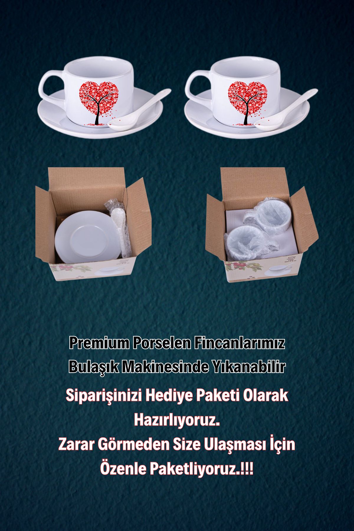 Sevgililer Günü Kalpli Baskılı 2’li Set Kaşıklı Porselen Çay Kahve Fincan Seti-6