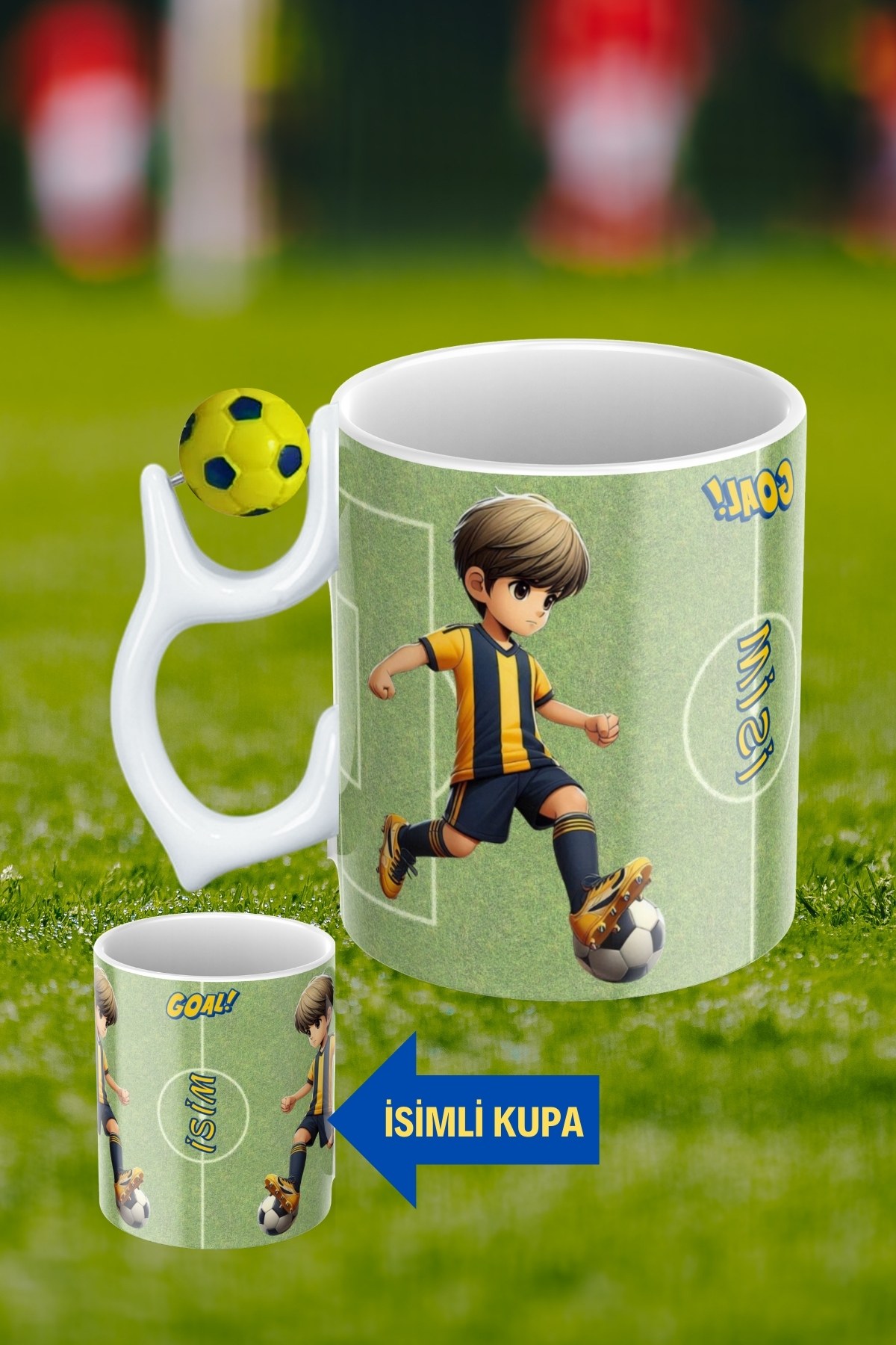Sarı Lacivert Futbol Toplu Sarı Lacivert Forma Oyunculu Taraftar İsimli Baskılı Kupa Bardak