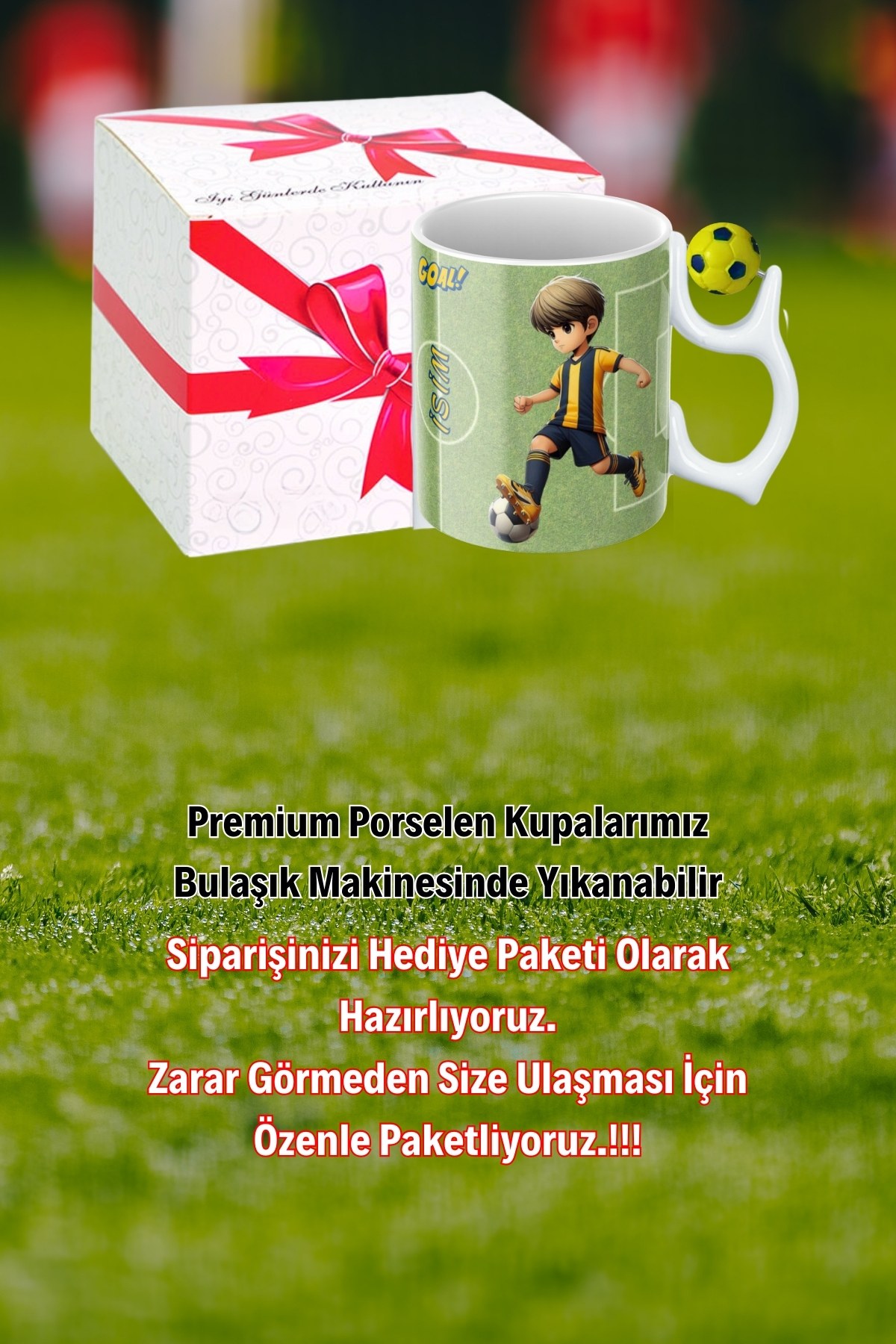 Sarı Lacivert Futbol Toplu Sarı Lacivert Forma Oyunculu Taraftar İsimli Baskılı Kupa Bardak